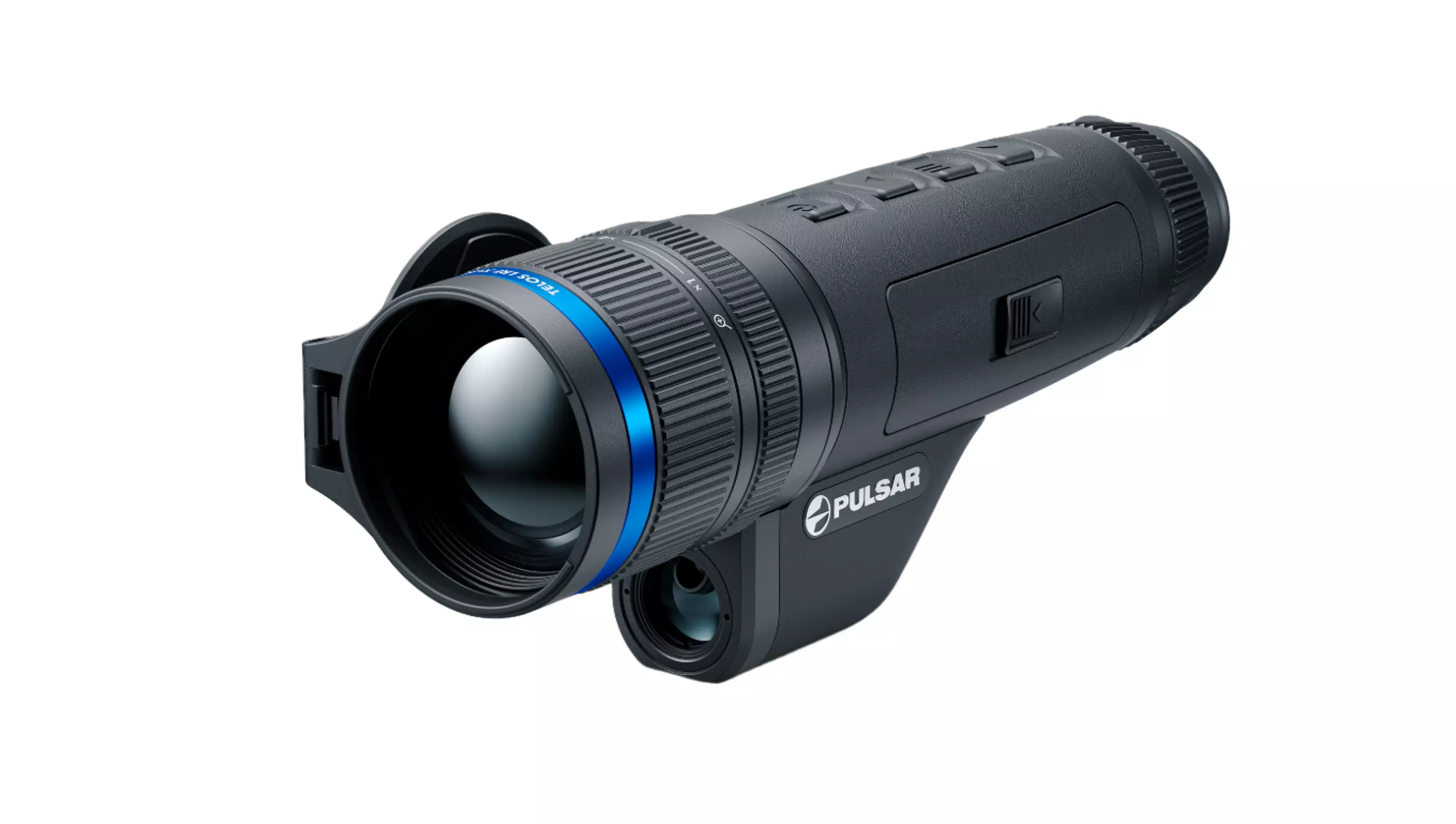 Angled front view of the thermal monocular, emphasizing the large precision lens, integrated laser rangefinder module, and bold Pulsar branding—ideal for showcasing professional-grade build quality and optical power.
