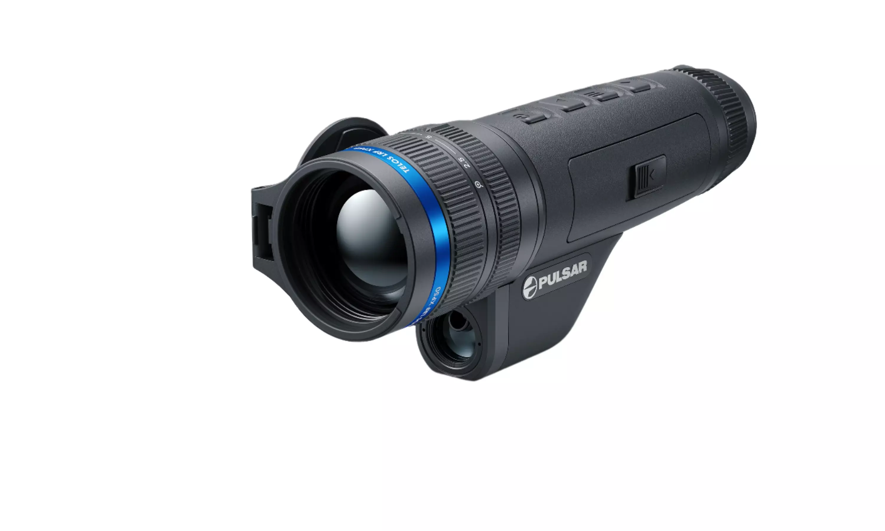 Angled front view of the Pulsar Telos Thermal Monocular, featuring a prominent objective lens with blue accent ring, ergonomic grip, and clearly labeled control buttons on top.