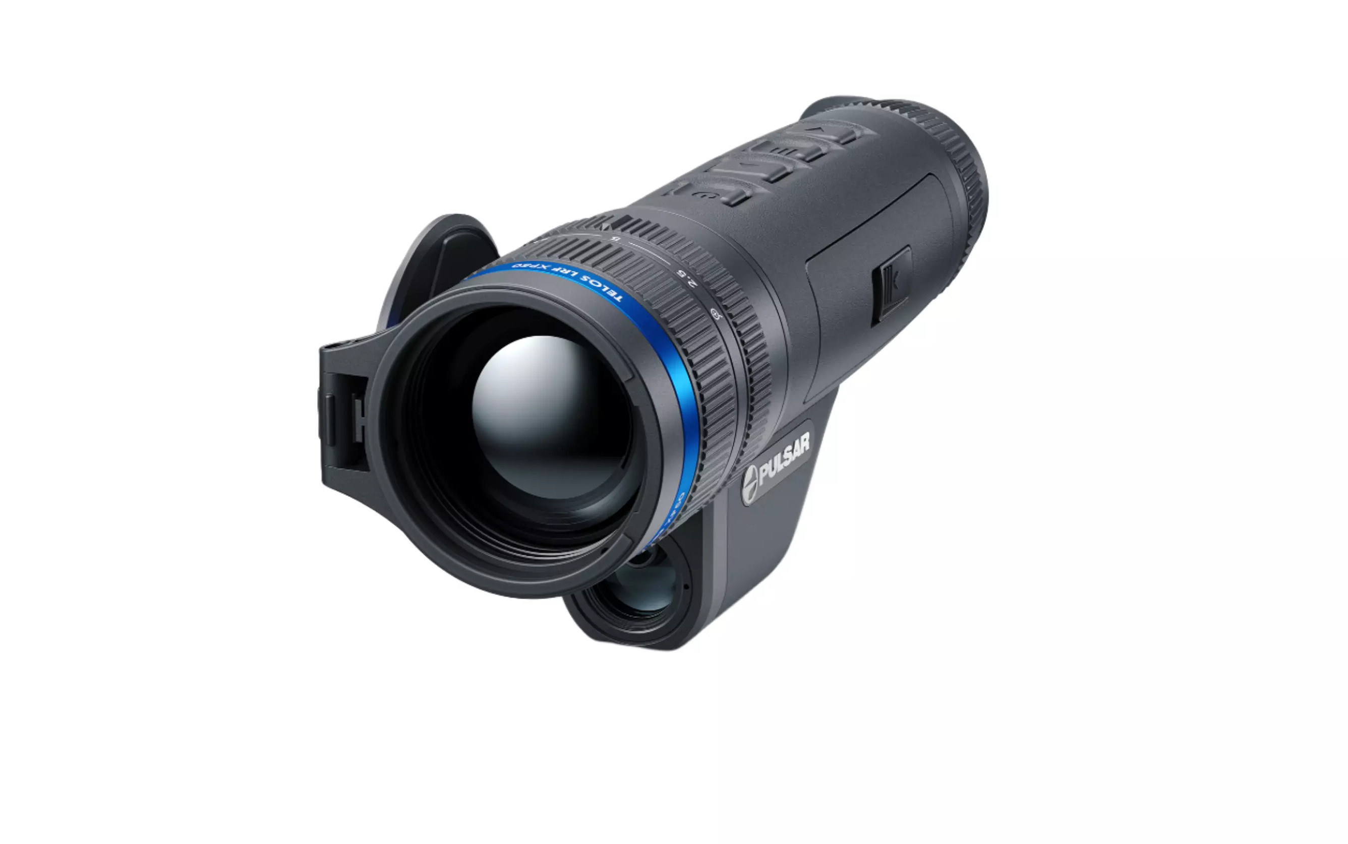 Front angled view of the Pulsar Telos LRF XP50 with lens cap open and Pulsar logo visible.