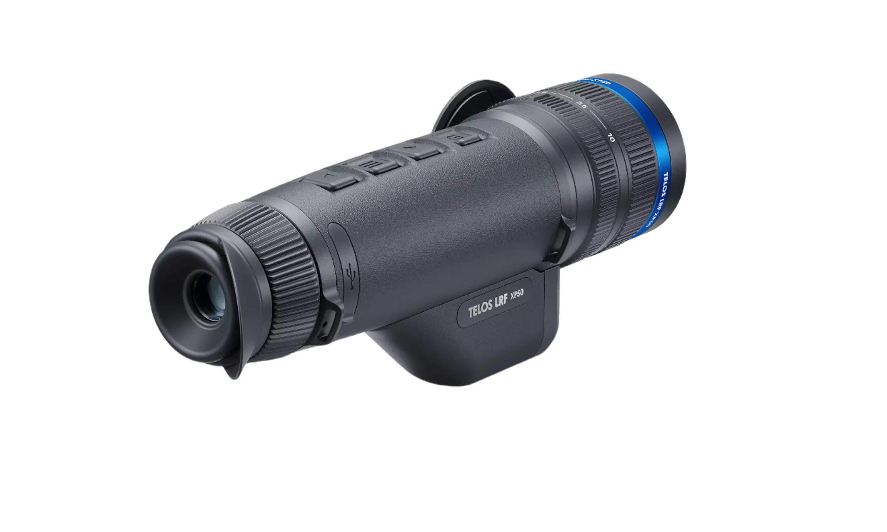 Angled rear view of the Pulsar Telos LRF XP50 Thermal Monocular showing the eyepiece, focus ring, top-mounted control buttons, and blue-ringed objective lens with model branding on the grip.
