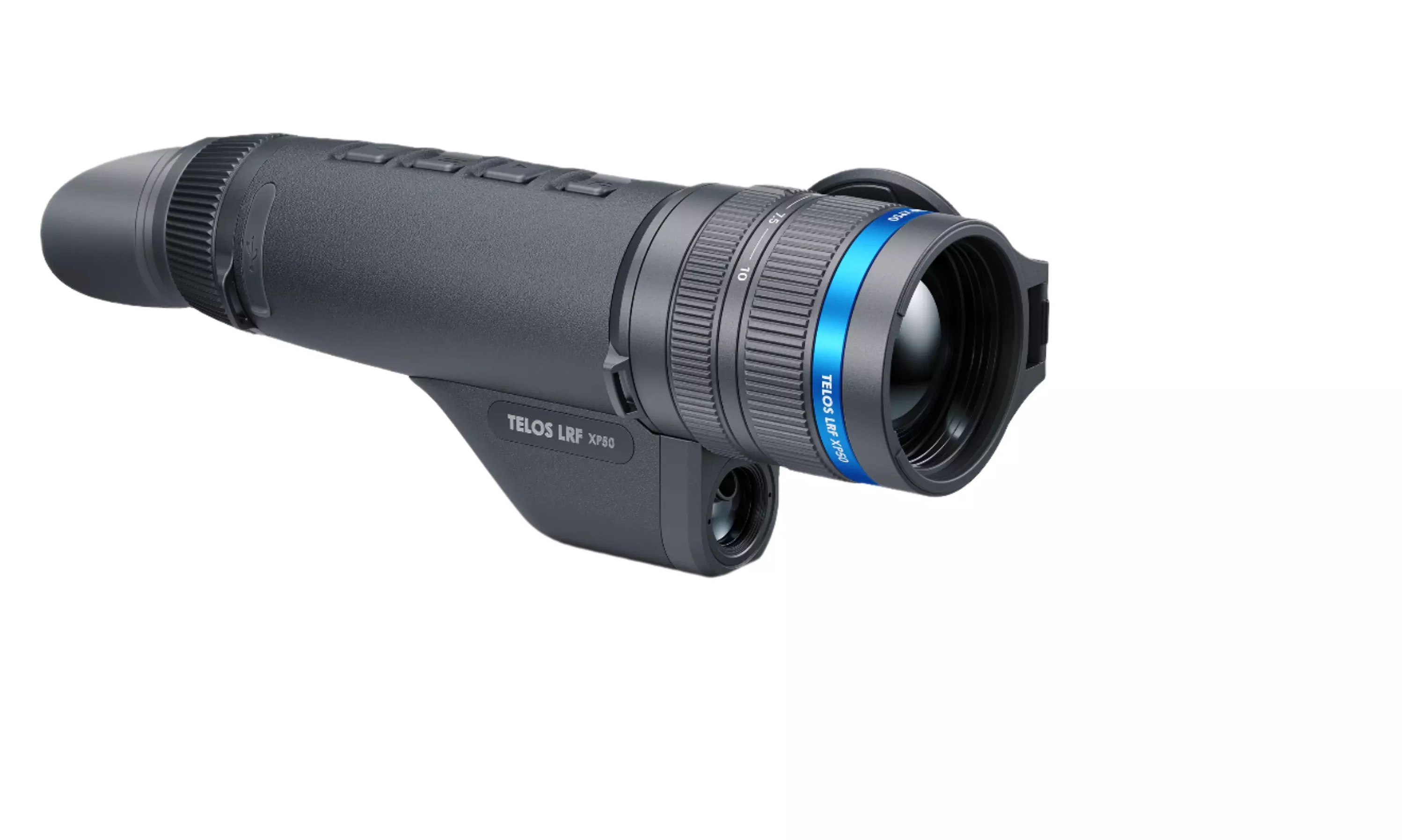 Side view of the Pulsar Telos LRF XP50 Thermal Monocular highlighting the eyepiece, textured grip, large objective lens with blue ring, laser rangefinder module, and visible model label on the housing.