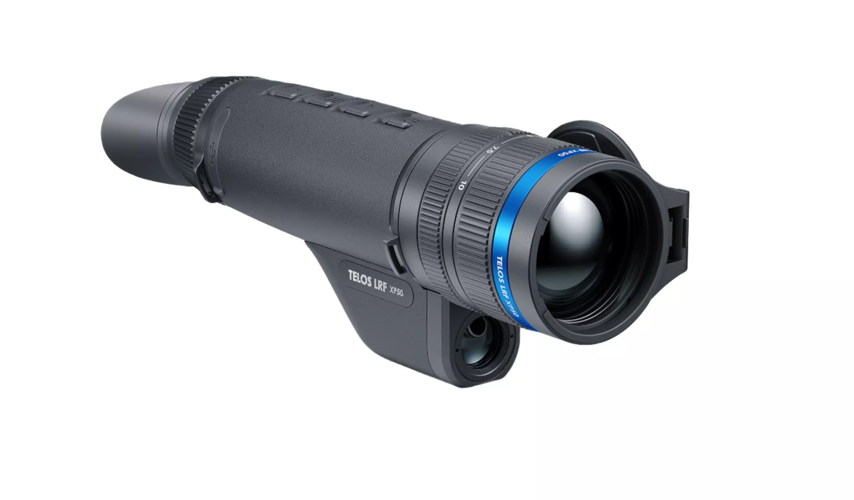Pulsar Telos LRF XP50 thermal monocular angled front view showing lens and control buttons.