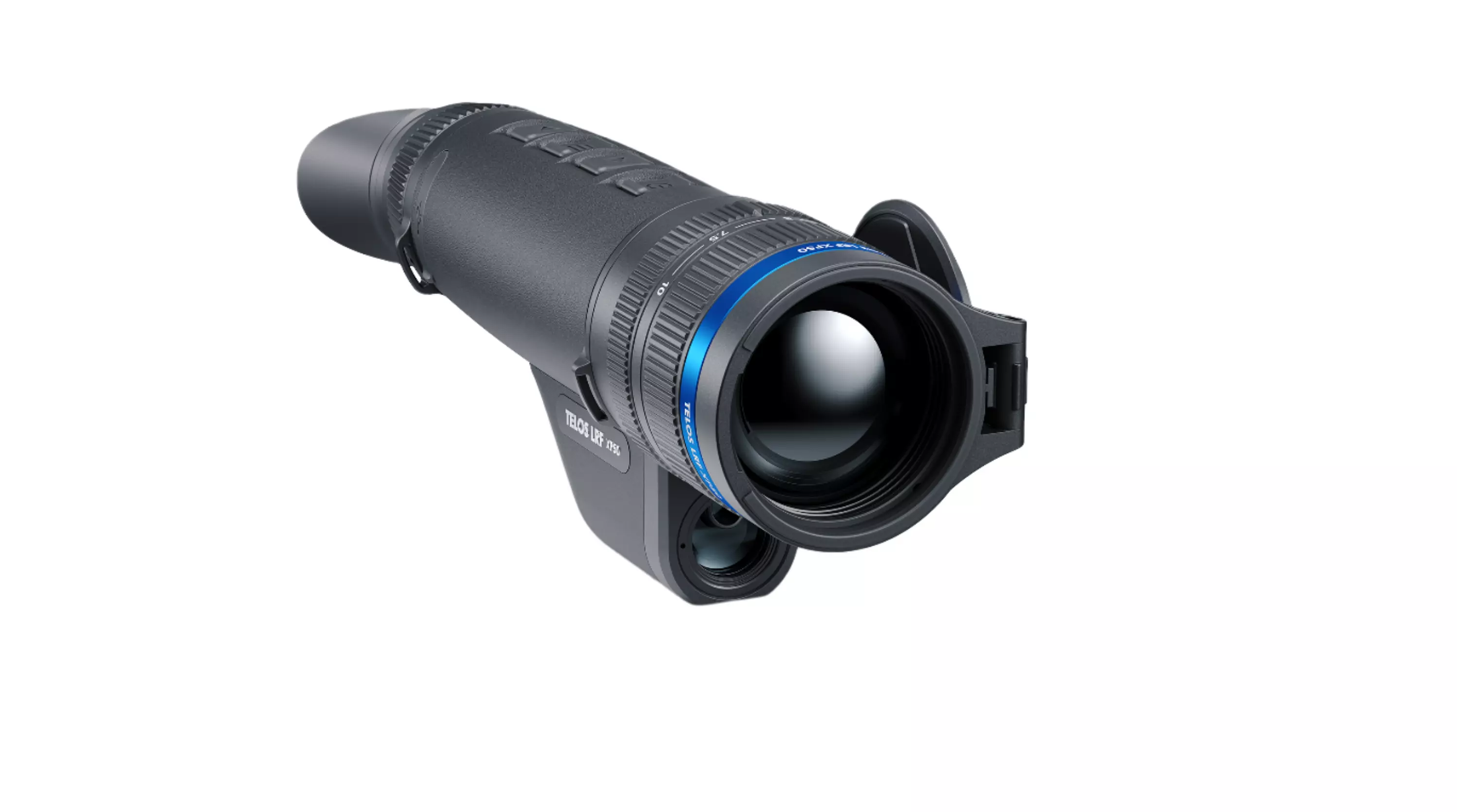 Angled view of the Pulsar Telos LRF XP50 thermal monocular showing side branding and laser rangefinder.
