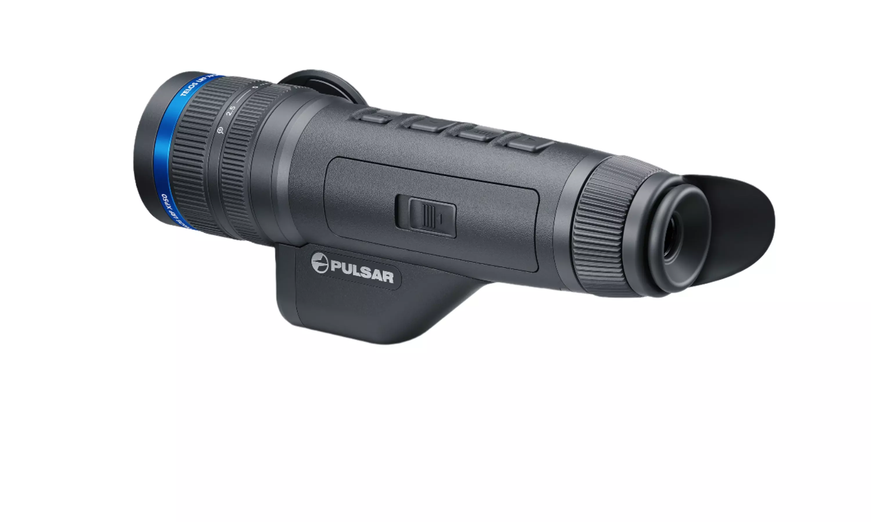 Rear and side view of the Pulsar Telos Thermal Monocular, highlighting the textured eyepiece, top-mounted control buttons, side zoom slider, and ergonomic grip with prominent Pulsar branding.