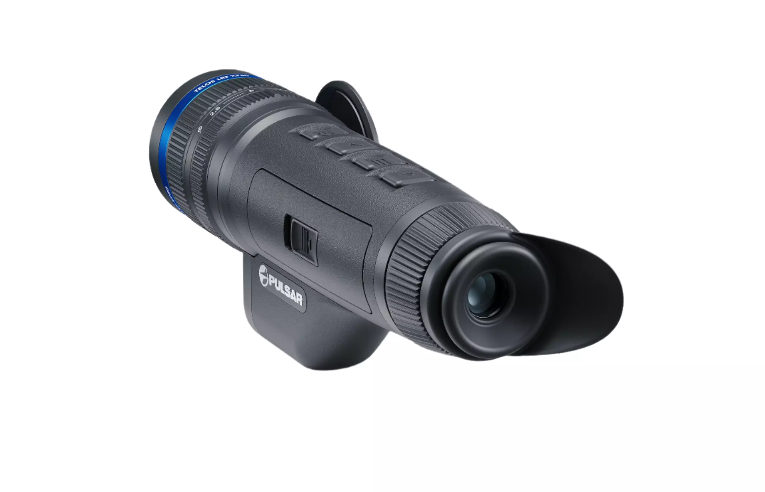 Angled rear-side view of the Pulsar Telos LRF XP50 highlighting the eyecup and button layout.