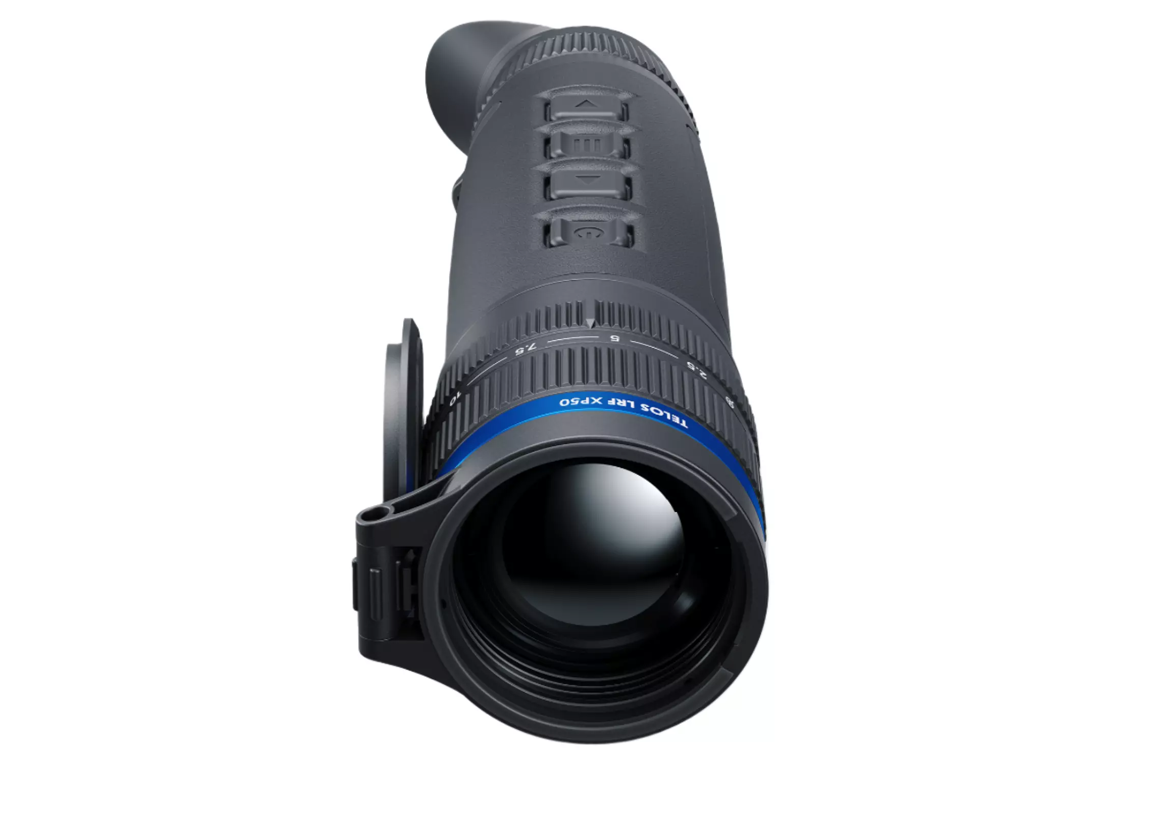 Front close-up view of the Pulsar Telos LRF XP50 thermal monocular with lens and controls in full view.