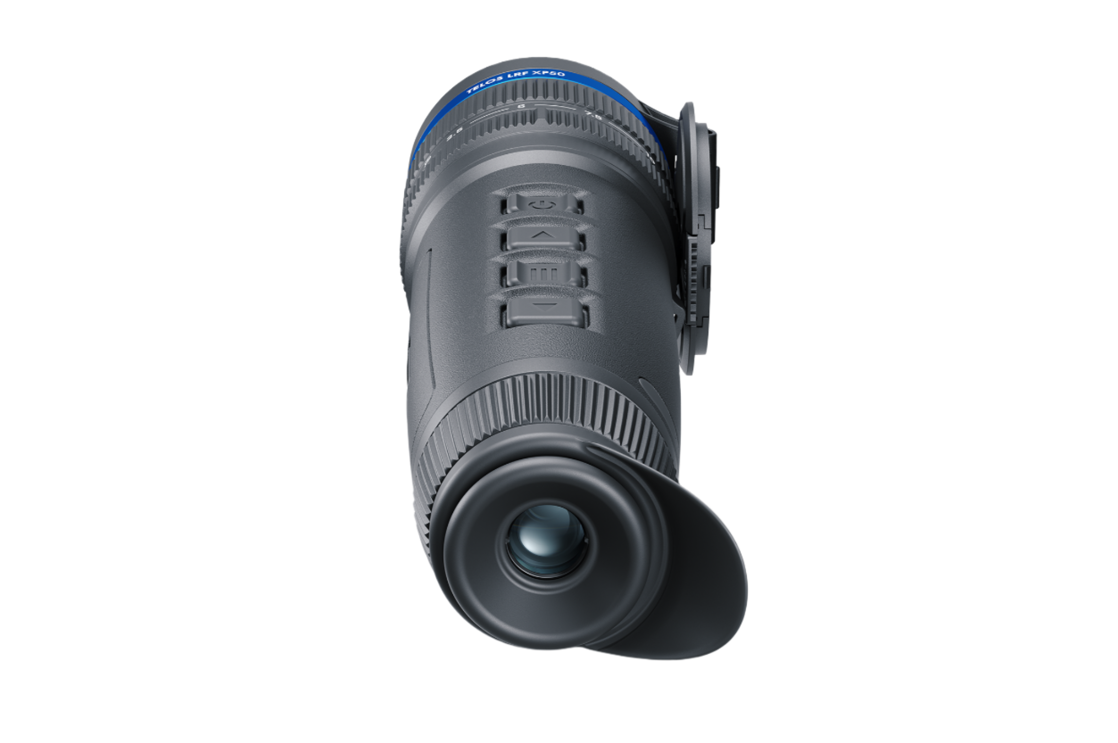 Rear close-up view of the Pulsar Telos LRF XP50 thermal monocular showing eyecup and full control button layout.