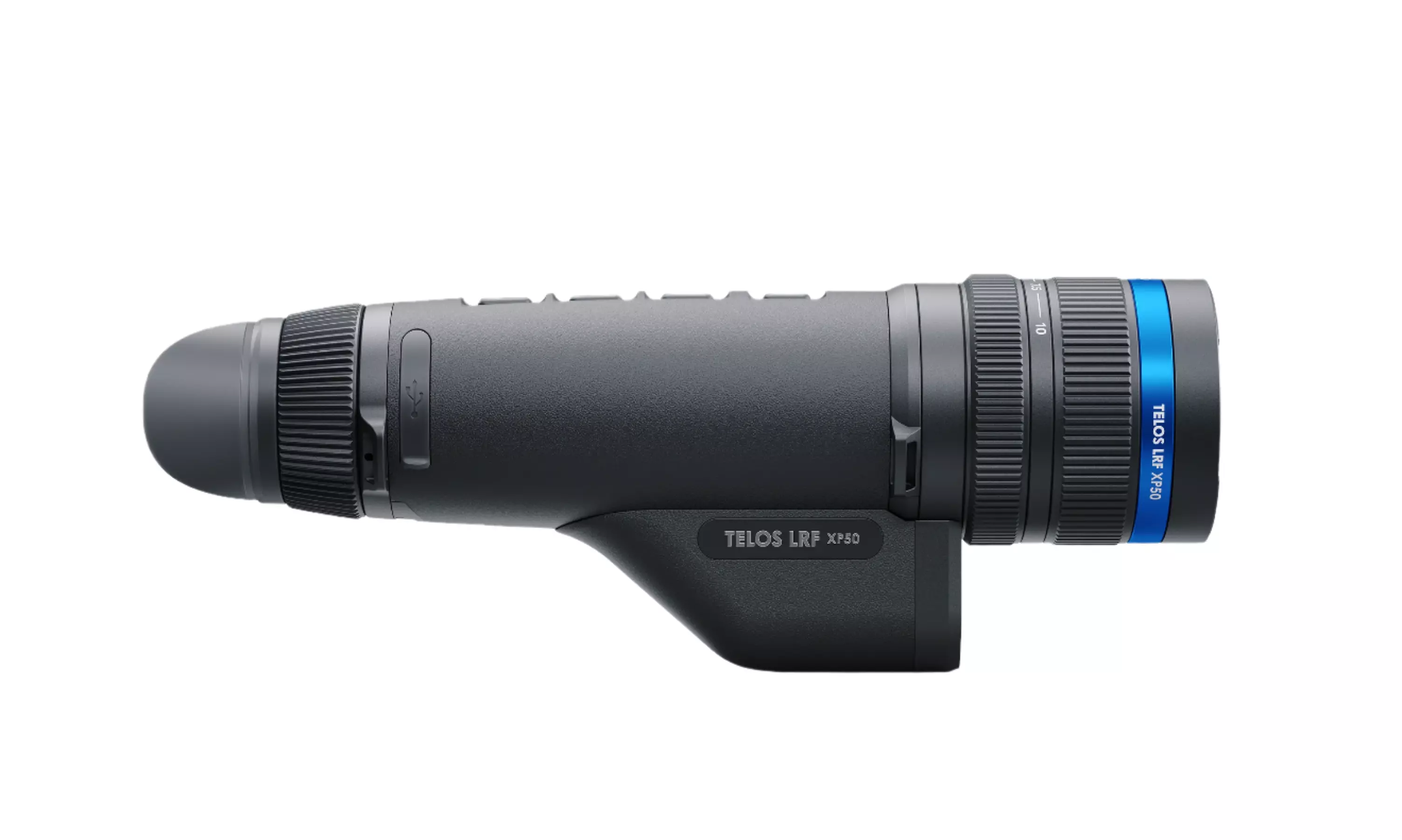 Right-side profile of the Pulsar Telos LRF XP50 Thermal Monocular showing full device body with rubber eyecup, USB port, focus and zoom rings, and blue-accented objective lens barrel. Product label "TELOS LRF XP50" is clearly visible.