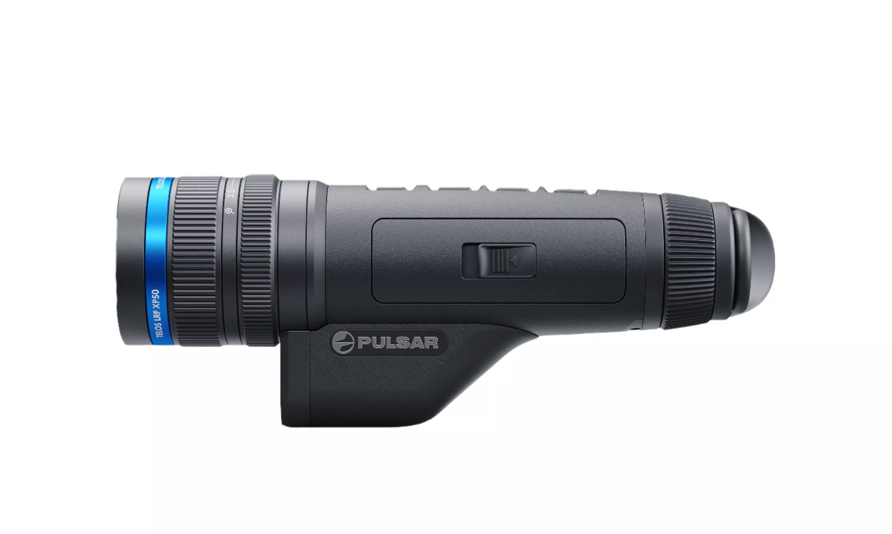 Left-side profile of the Pulsar Telos LRF XP50 Thermal Monocular featuring the lens assembly with blue ring, textured zoom and focus rings, side compartment with switch, and "Pulsar" logo above the angled grip.
