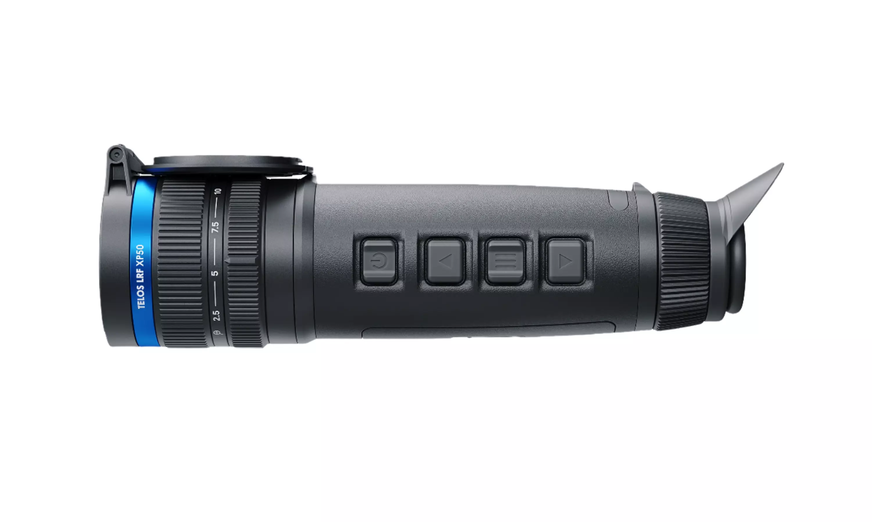 Top view of the Pulsar Telos LRF XP50 Thermal Monocular showing the control buttons, textured focus and zoom rings, labeled lens collar, and ergonomic eyecup design.