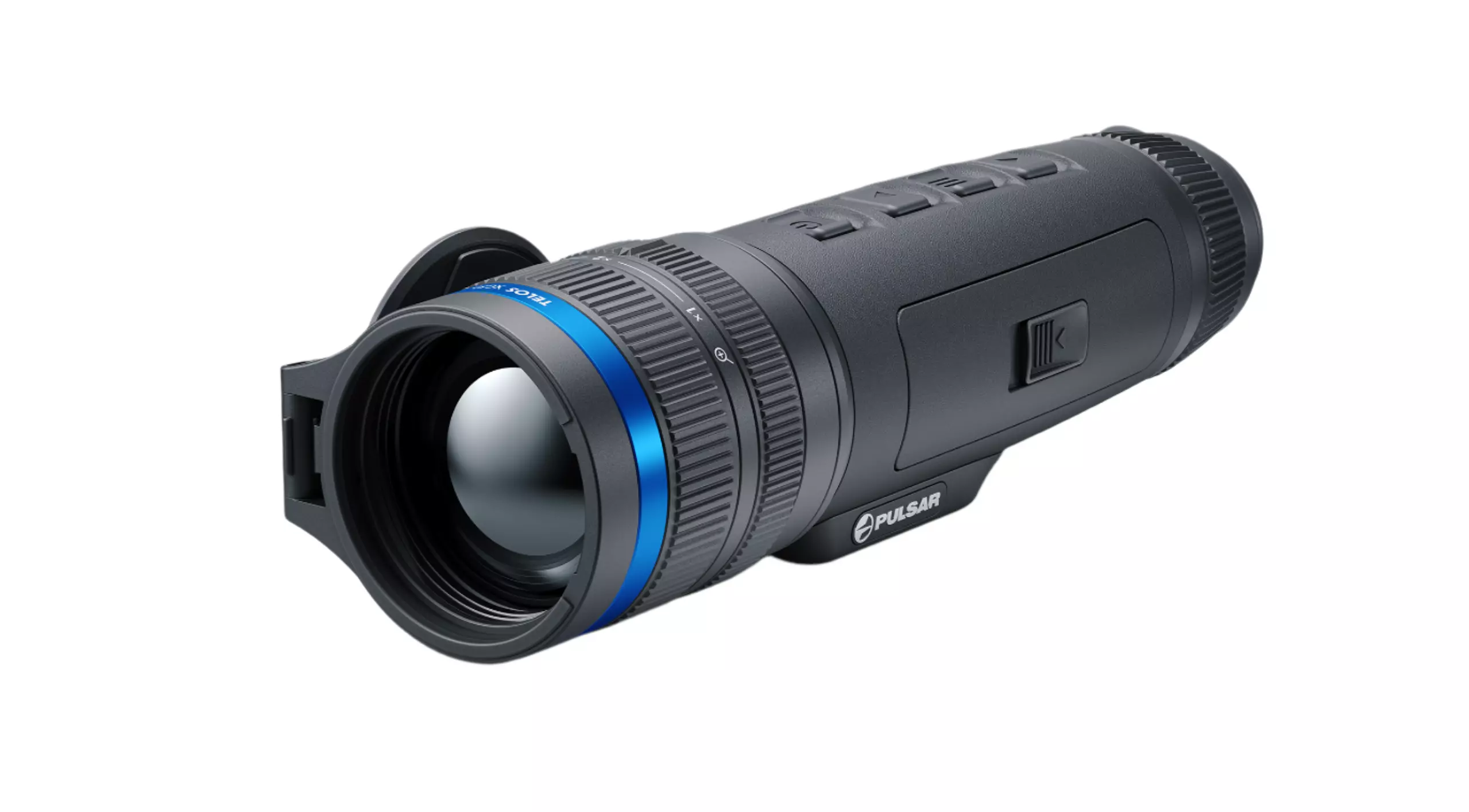 Front-left angled view of the thermal monocular showcasing the large objective lens, focus and zoom control rings, and ergonomic control buttons along the top housing.