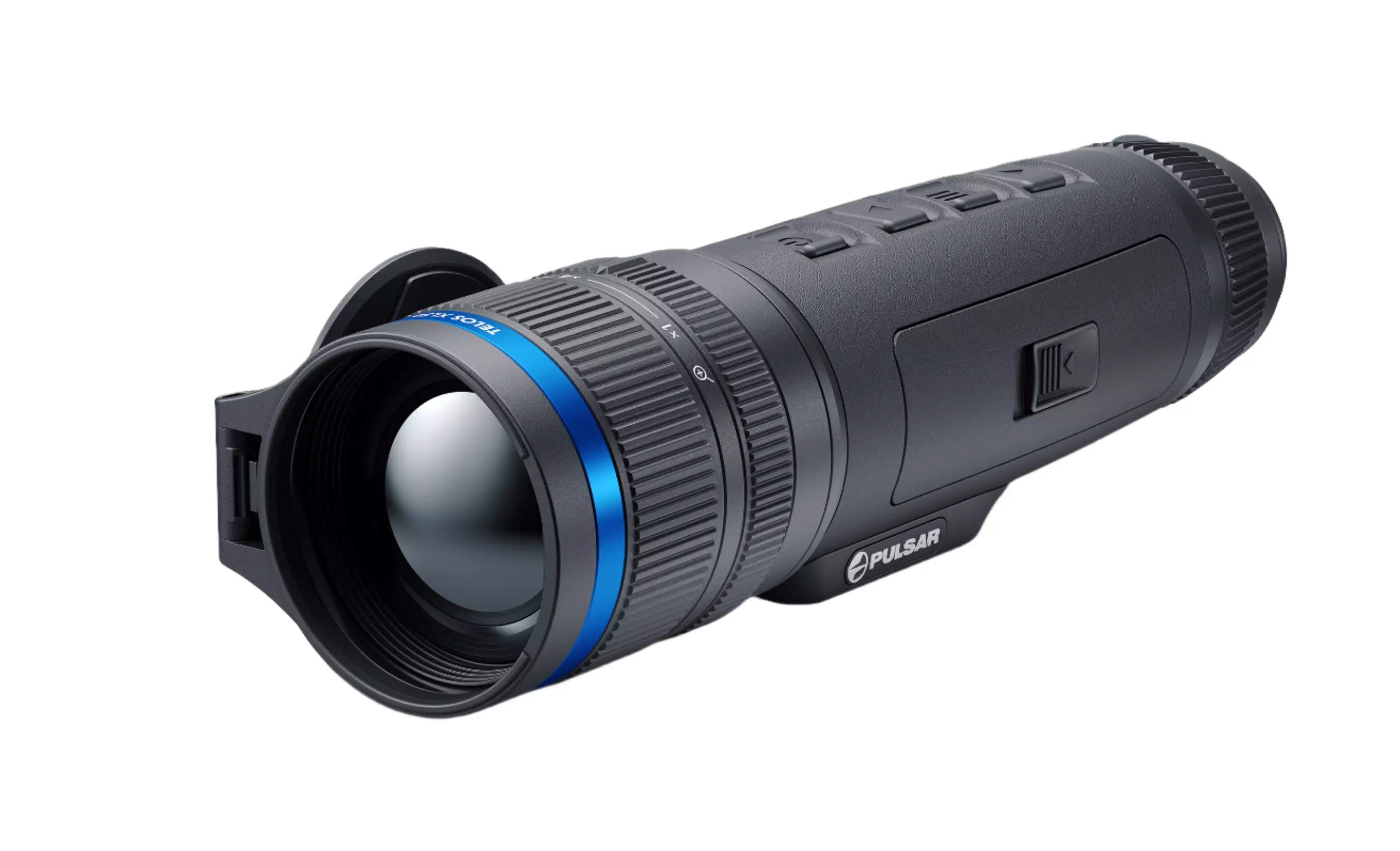 Close-up view of the Pulsar thermal monocular, highlighting the large objective lens, signature blue focus ring, ergonomic rubberized grip, and control buttons—ideal for showcasing its advanced optical design and rugged build.