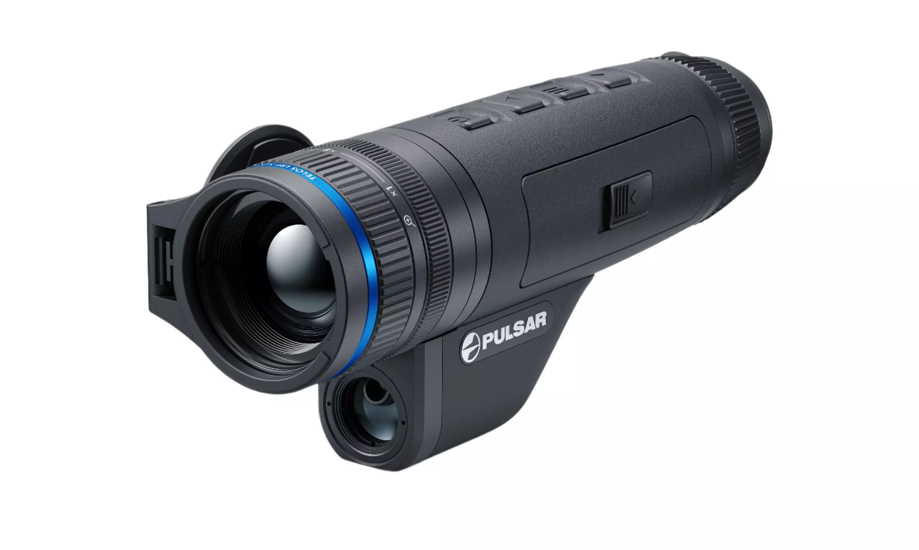 Angled front-right view of the thermal monocular highlighting the lens, focus ring, and integrated laser rangefinder beneath the objective housing.