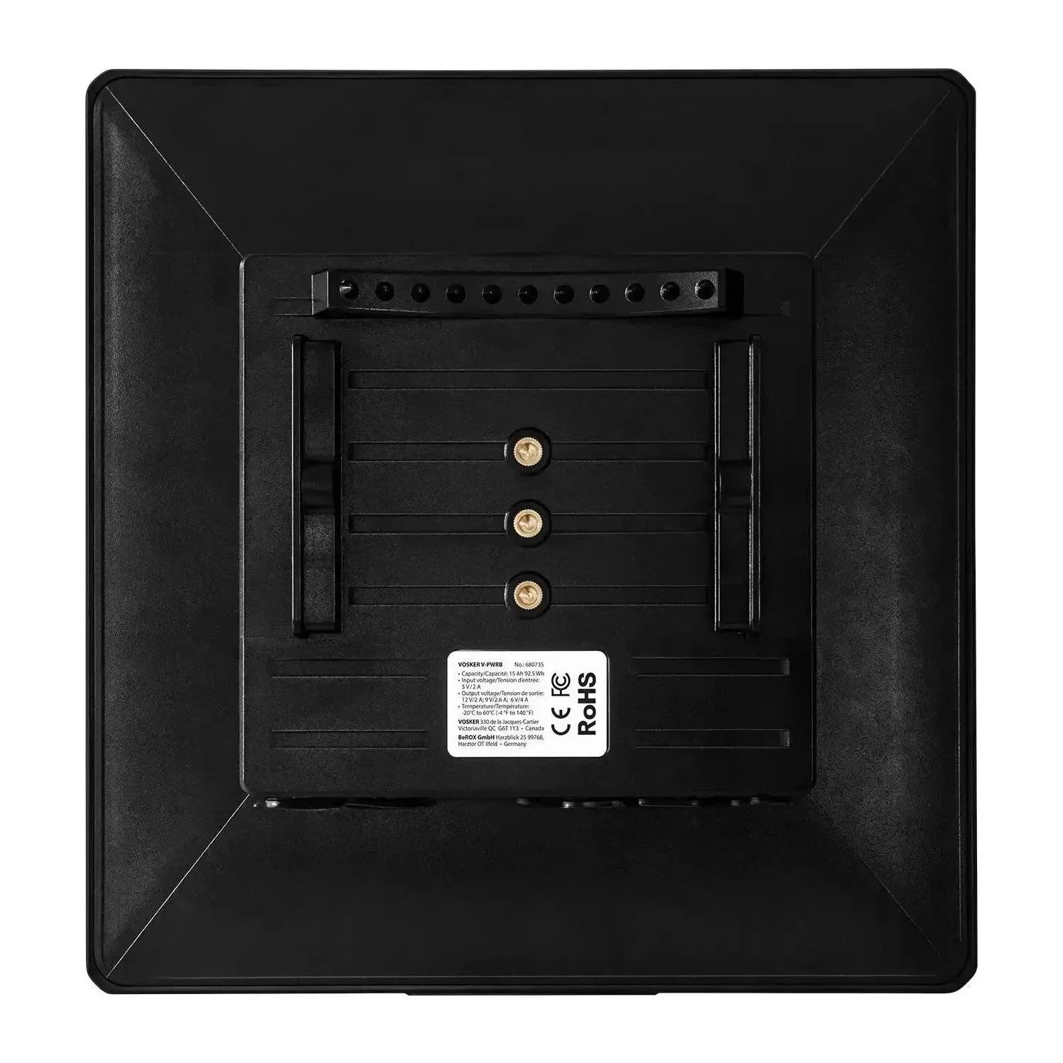 Rear view of Vosker solar power bank showing connection ports and mounting system