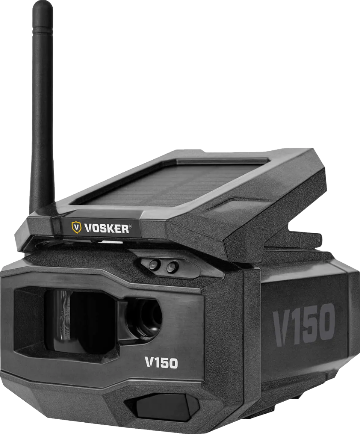 Front-right view of Vosker V150 solar-powered cellular camera emphasizing lens and rugged housing