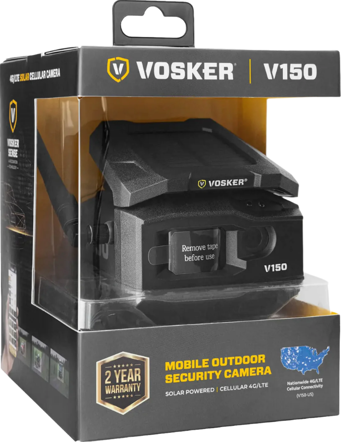 Retail packaging of the Vosker V150 camera showing camera inside transparent case with branding and feature highlights