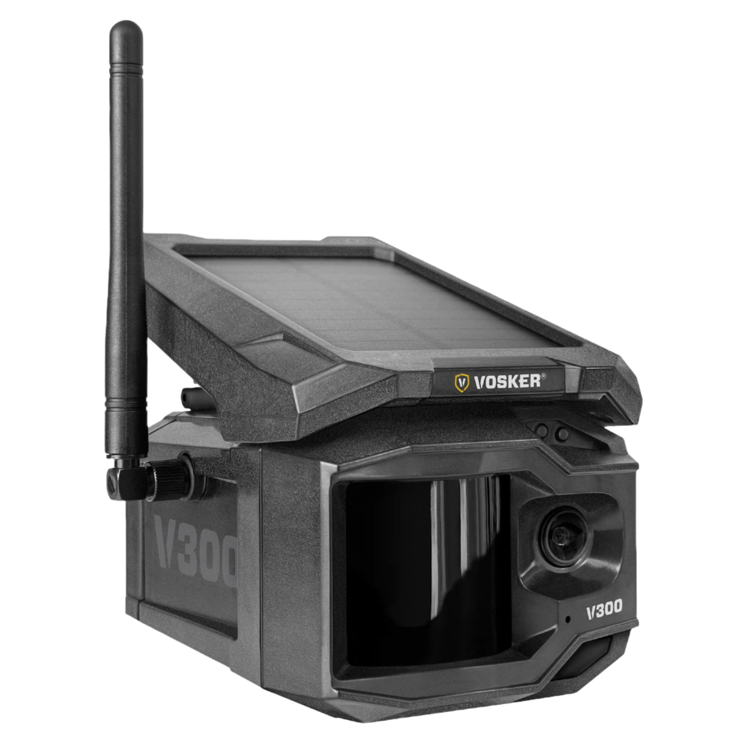 Angled view of Vosker V300 showing lens and PIR sensor
