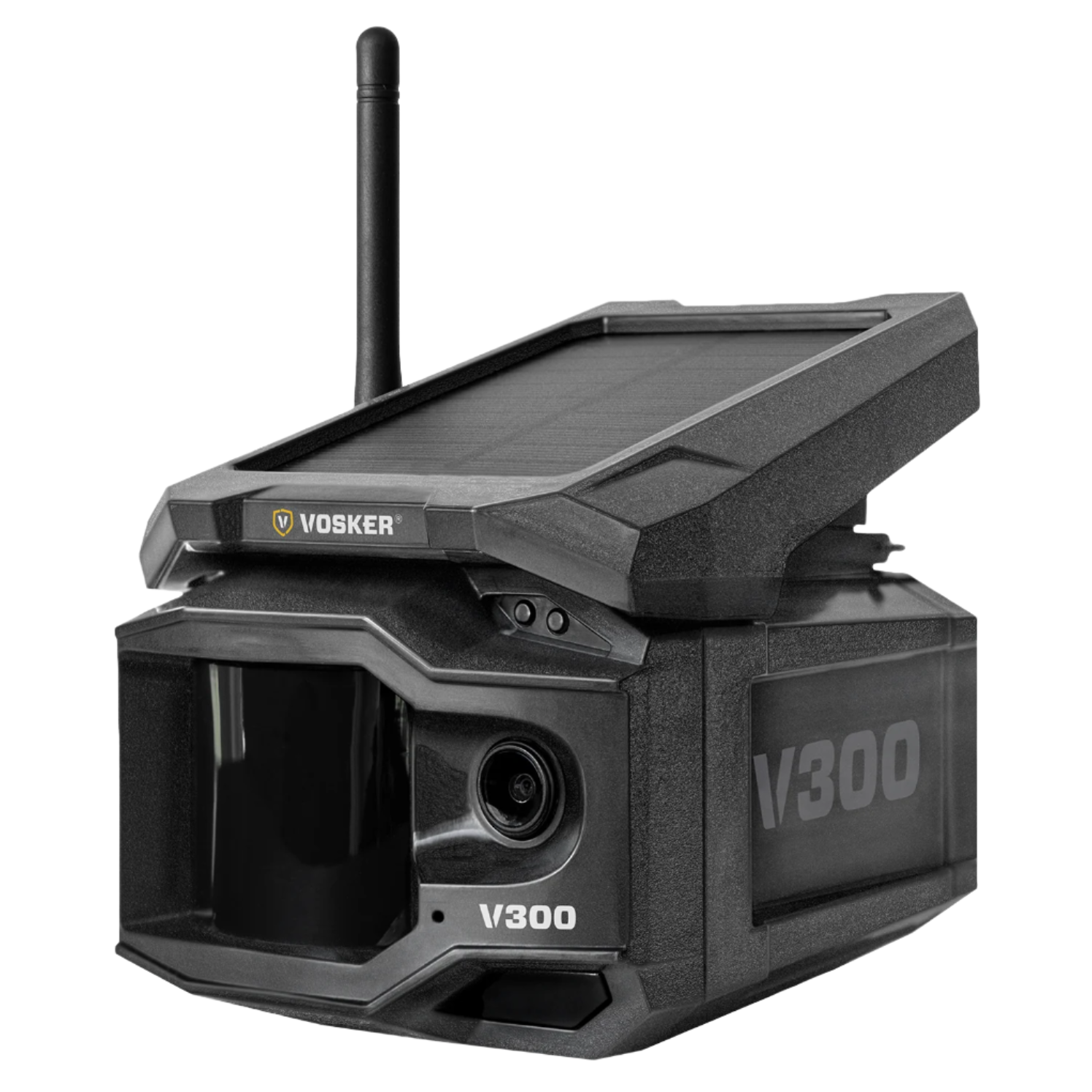 Angled front-left view of Vosker V300 security camera showing solar panel, antenna, and lens
