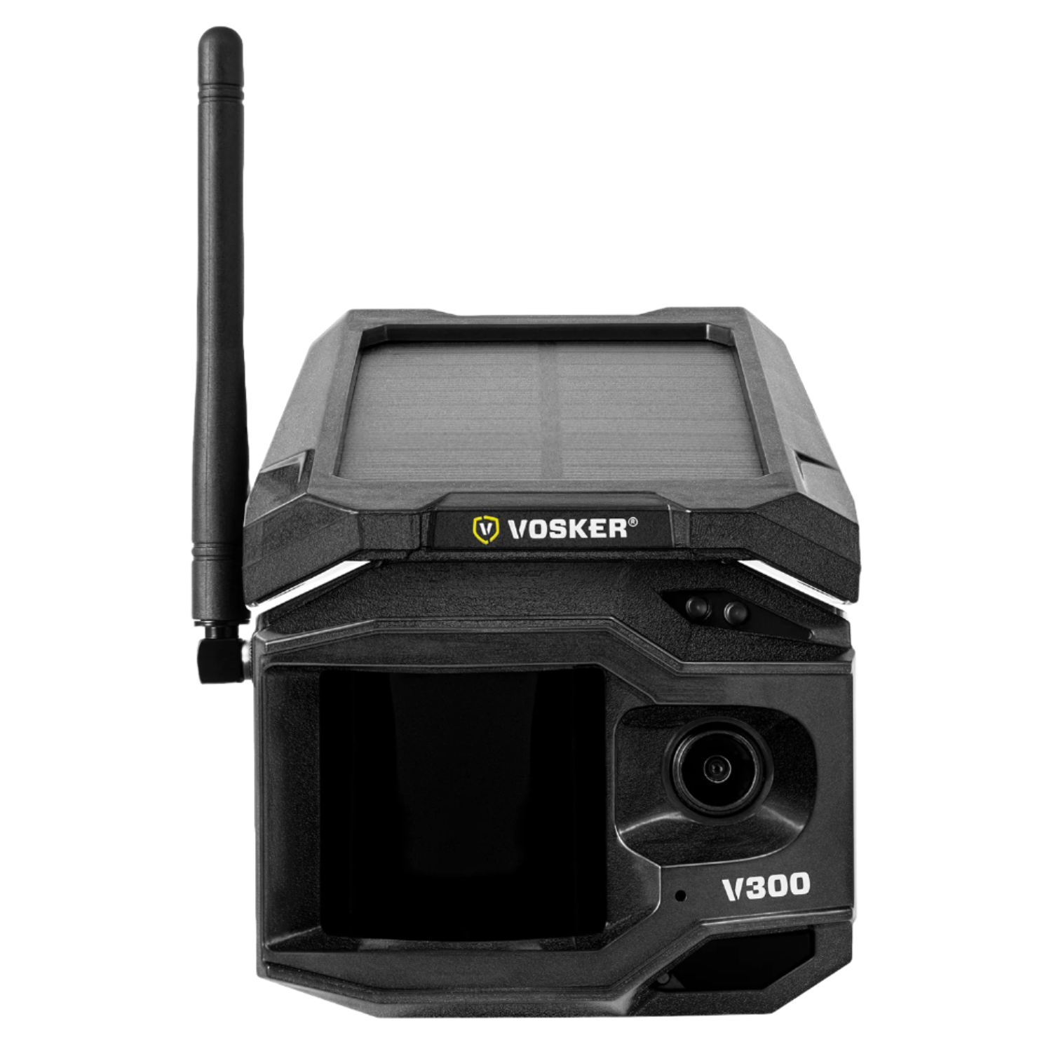 Straight-on front view of Vosker V300 camera with solar panel and antenna upright