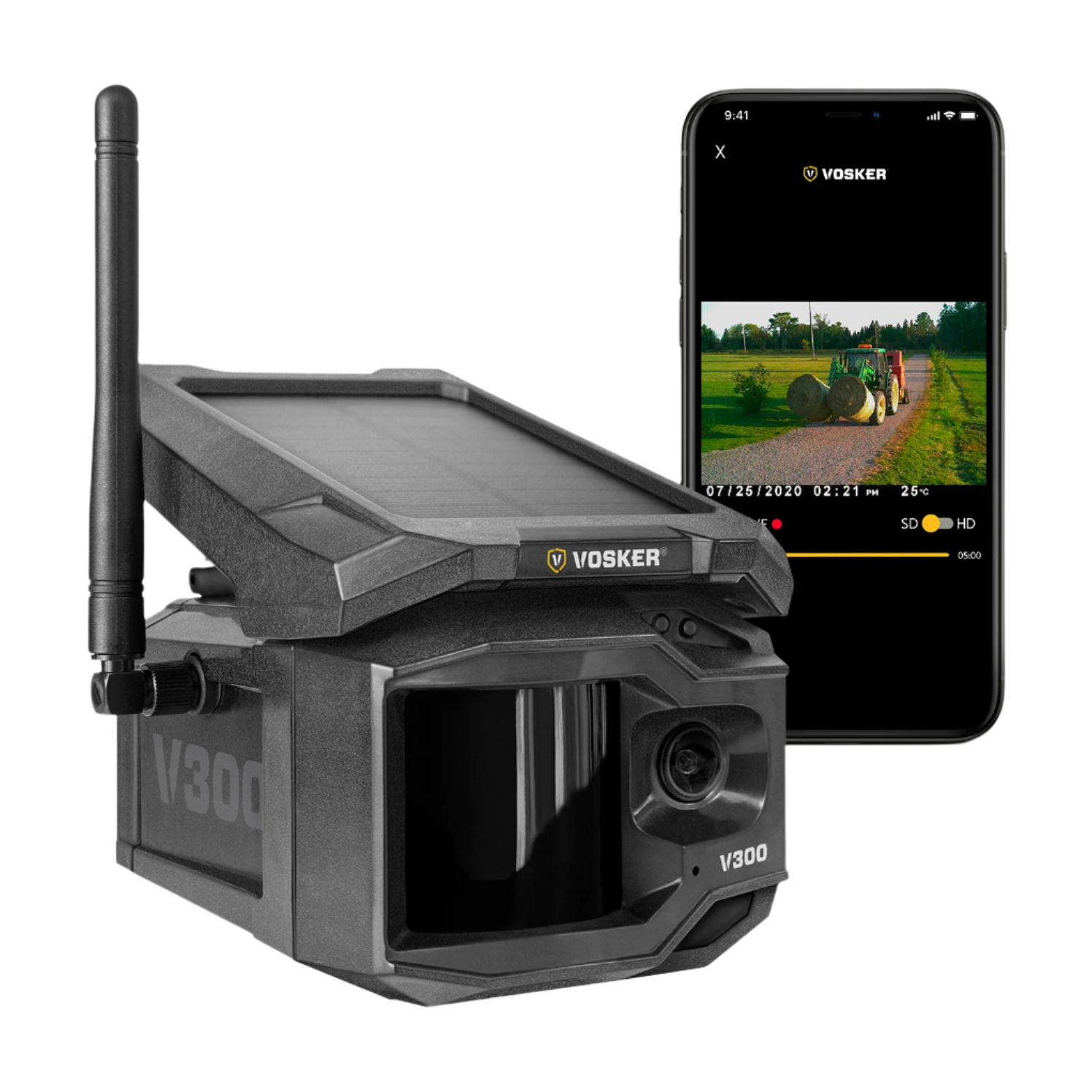 Front-right view of Vosker V300 paired with smartphone displaying live video via 4G-LTE connection