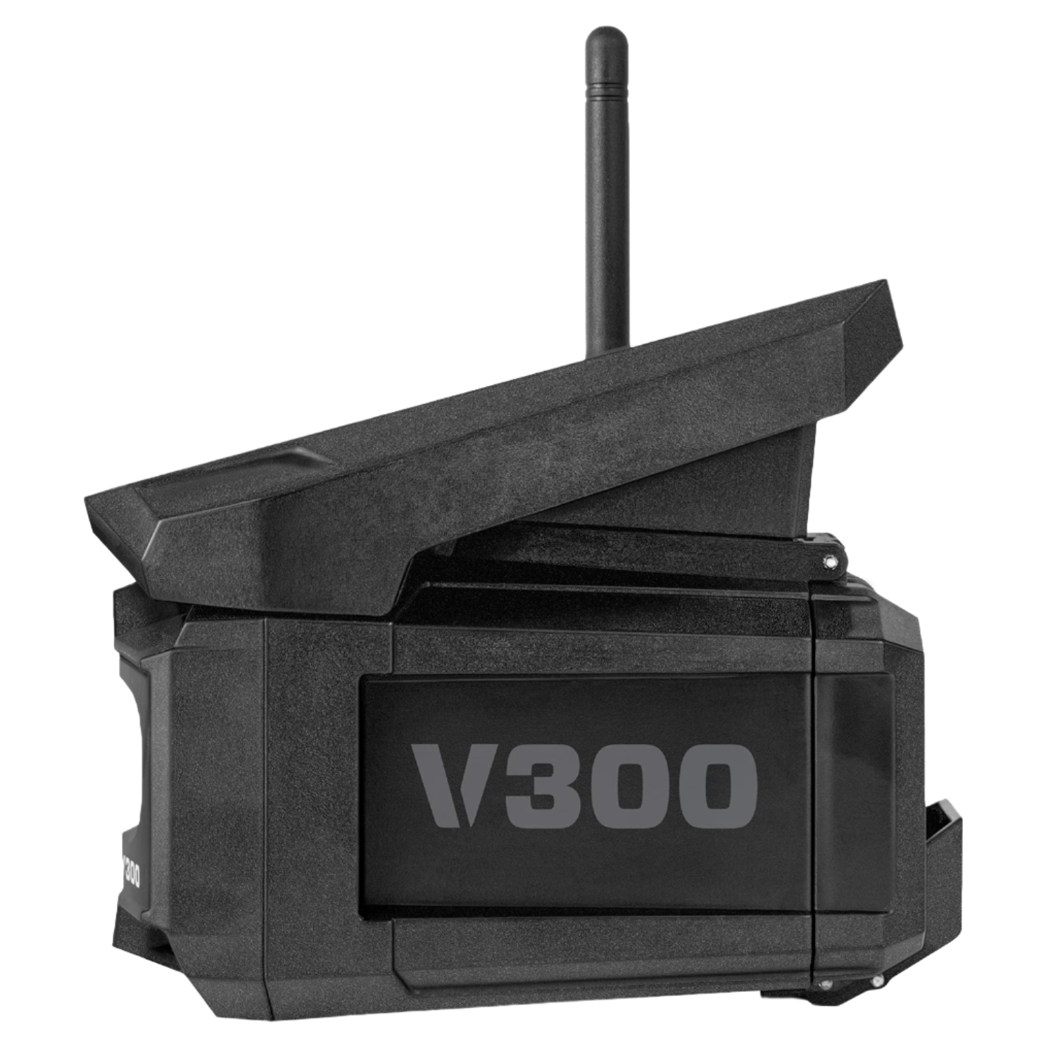 Side view of Vosker V300 camera with extended solar panel and visible "V300" branding