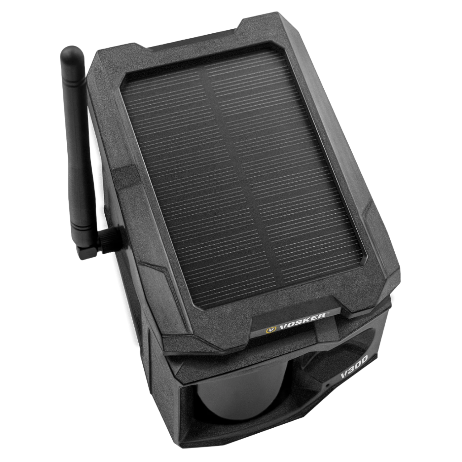 Top-down angled view of Vosker V300 highlighting solar panel surface and rugged build