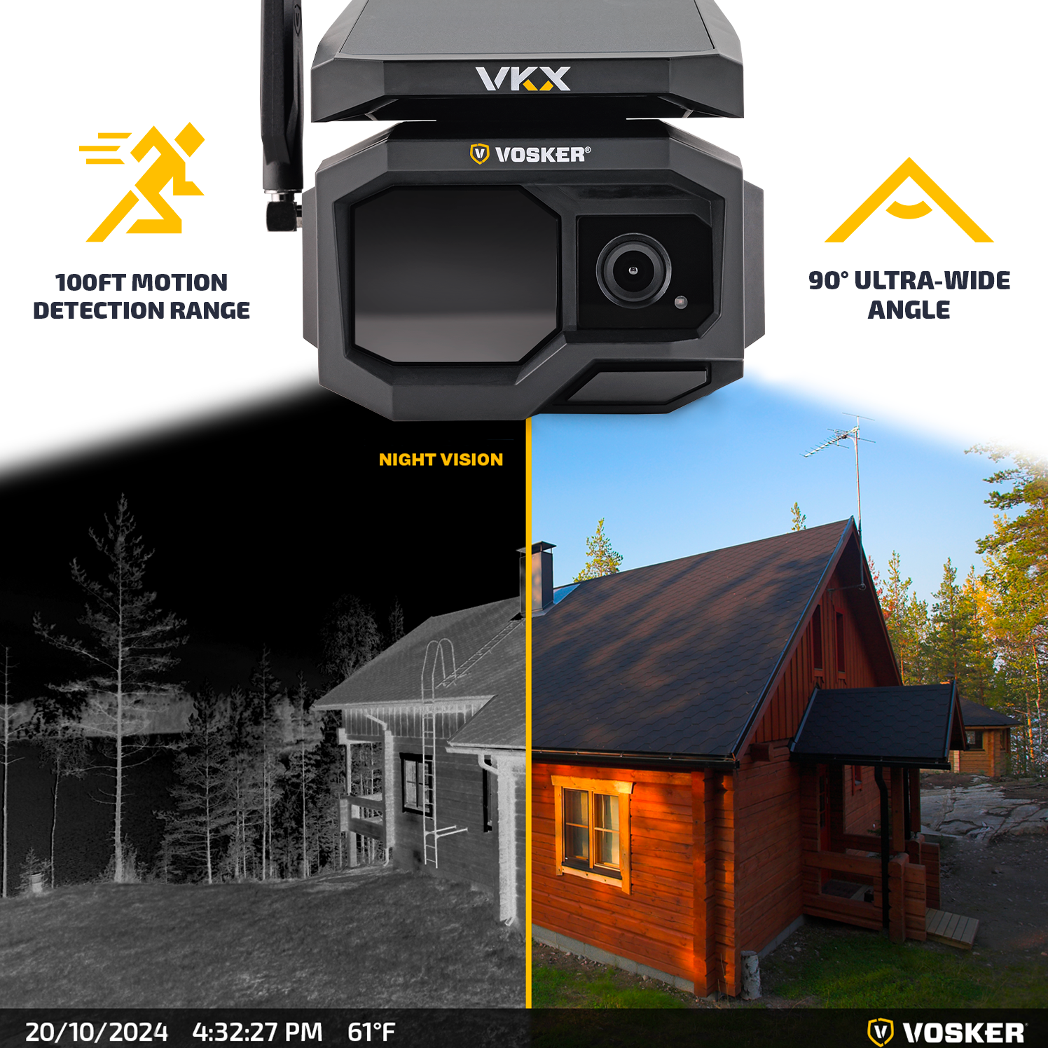 Split-screen image showcasing the Vosker VKX LTE Solar Cellular Camera’s capabilities, including 100ft motion detection range, 90° ultra-wide angle, and night vision. Left side shows black-and-white night vision view of a cabin; right side shows full-color daytime view. Timestamp and temperature displayed at the bottom.