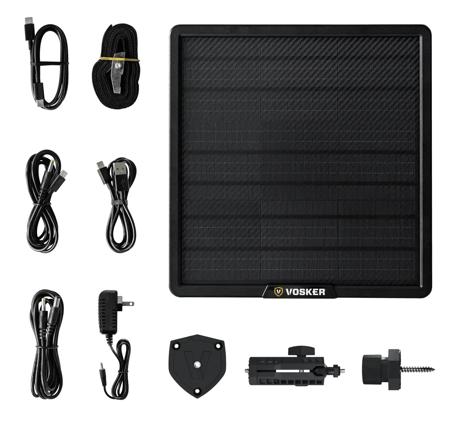 Full kit layout of Vosker solar power bank with all included cables, mounts, and accessories