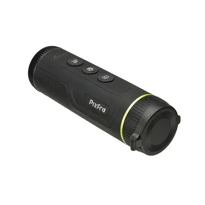 Front-right angled view of Pixfra Mile 2 Thermal Monocular showing eyepiece and top control buttons with closed lens cover