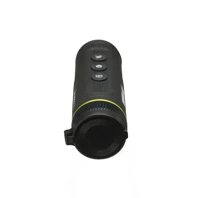 Front view of Pixfra Mile 2 Thermal Monocular showing closed lens cover and yellow accent ring