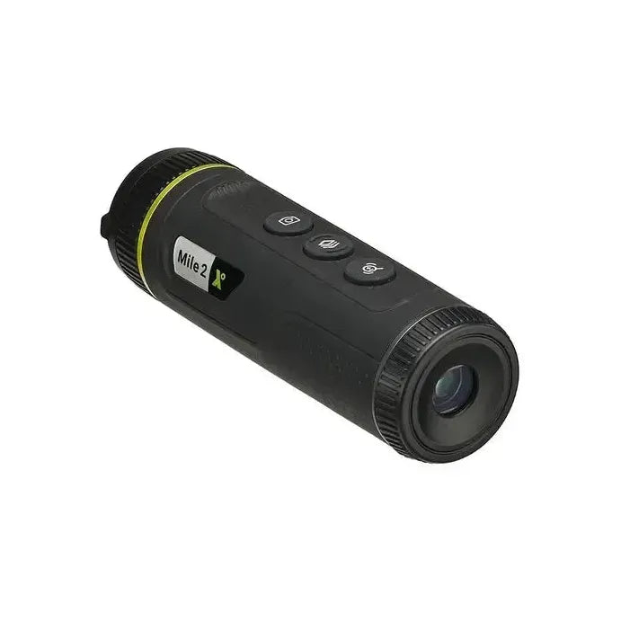 Tilted rear-right perspective of Pixfra Mile 2 Thermal Monocular showing rounded base and compact form