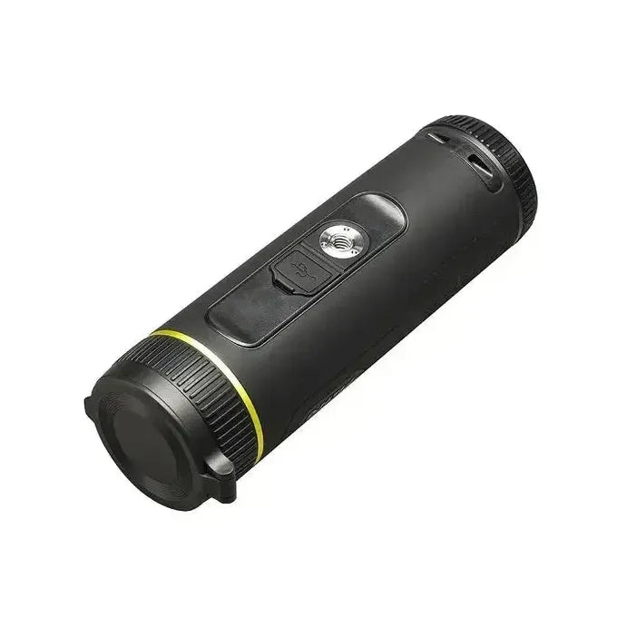 Angled underside view of Pixfra Mile 2 Thermal Monocular showing tripod mount thread and USB port with protective cover
