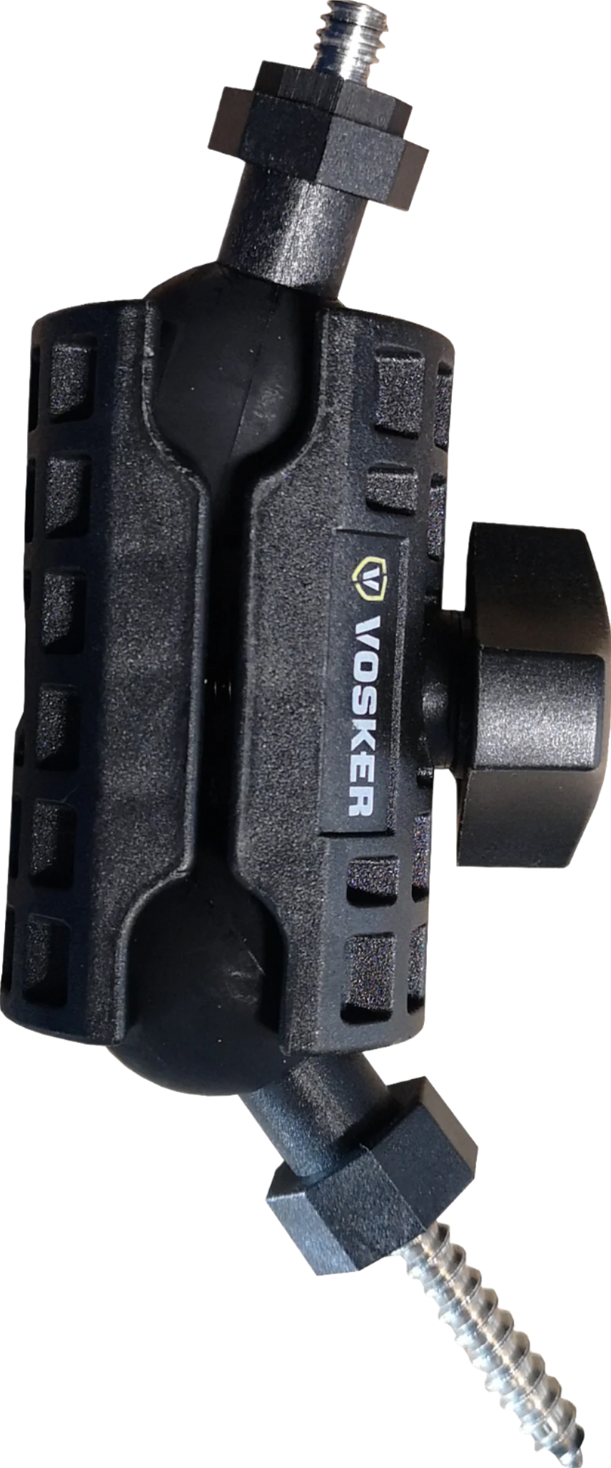 Angled view of Vosker V-MT360 bracket with visible logo and hardware for securing trail cameras to trees or posts