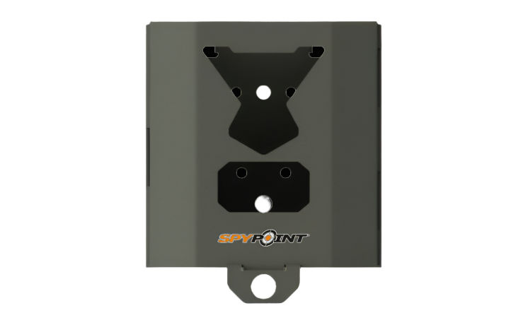 Front view of SPYPOINT SB-500S Security Box with cutouts for lens, sensors, and lock hole