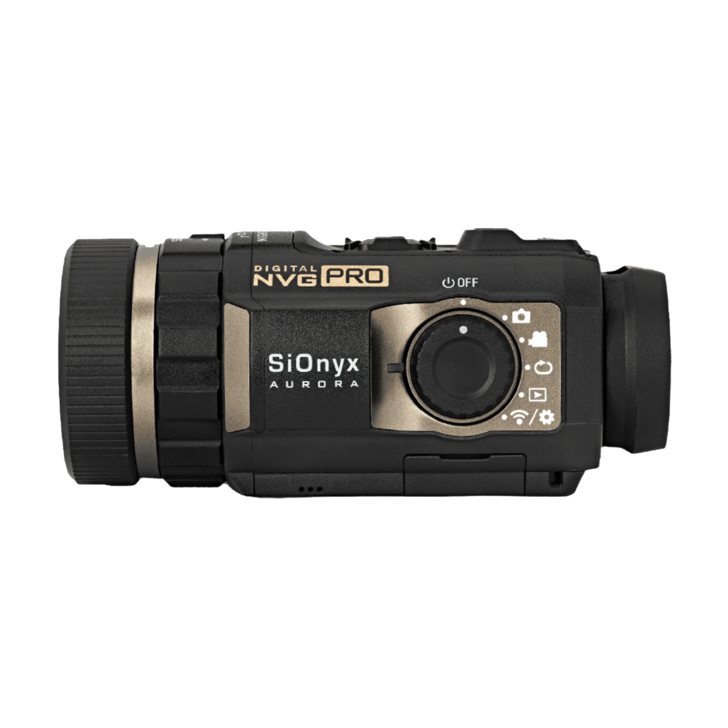 Side view of SiOnyx Aurora Pro night vision camera showing control dial and branding