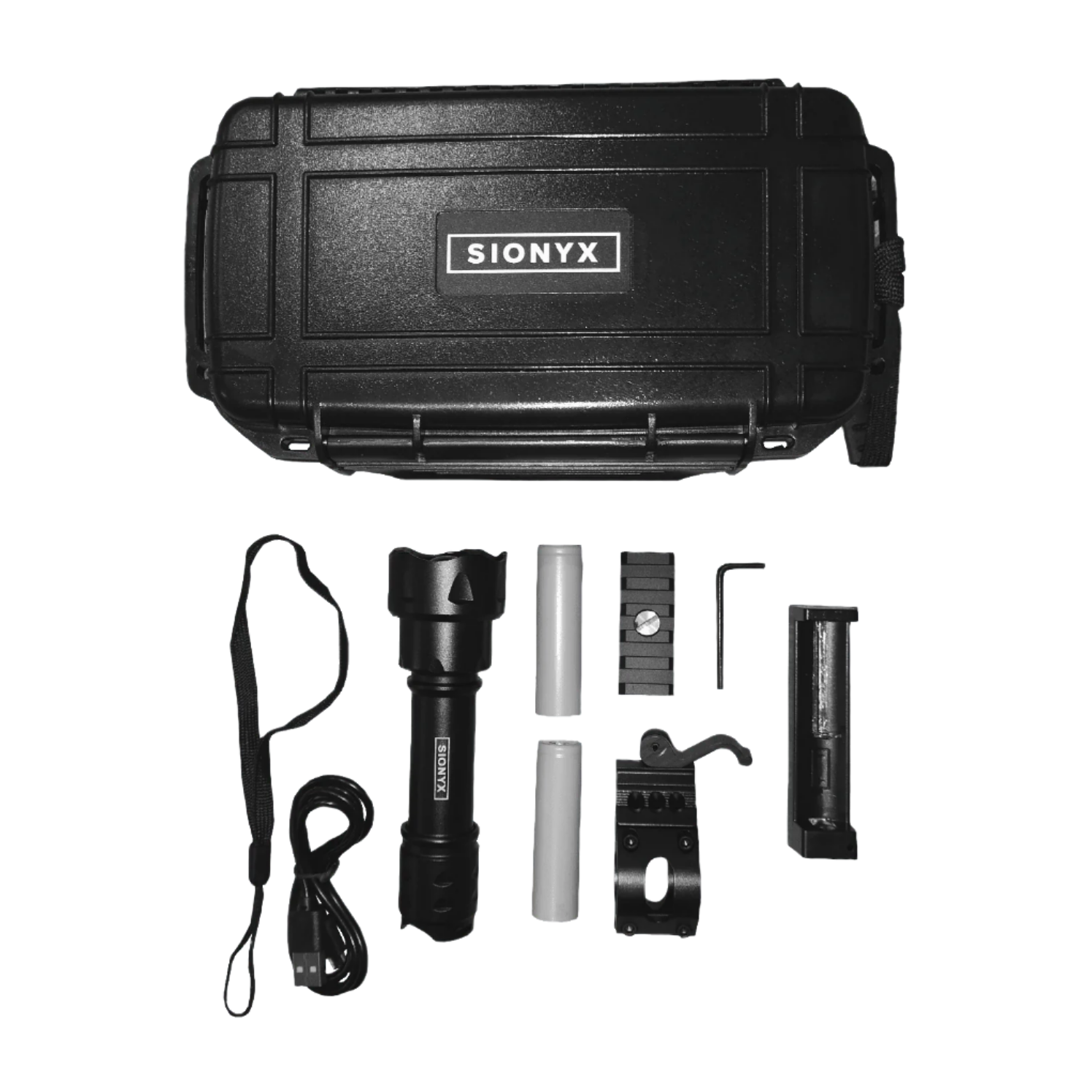 Top-down view of SiOnyx Illuminator Kit contents including flashlight, mounts, batteries, cables, and storage case