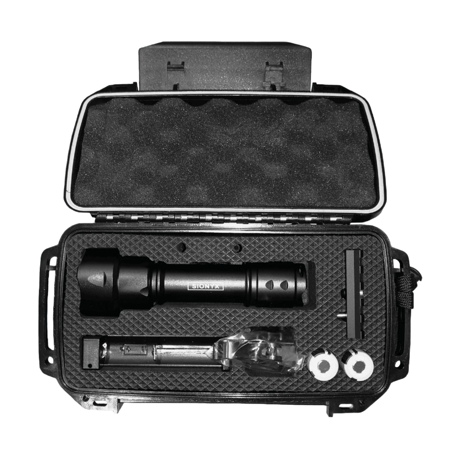 SiOnyx Illuminator Kit neatly arranged inside its protective hard case with custom foam inserts