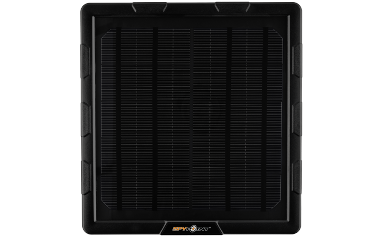 Front view of SPYPOINT SPLB-10 compact solar panel showing black solar surface and SPYPOINT branding