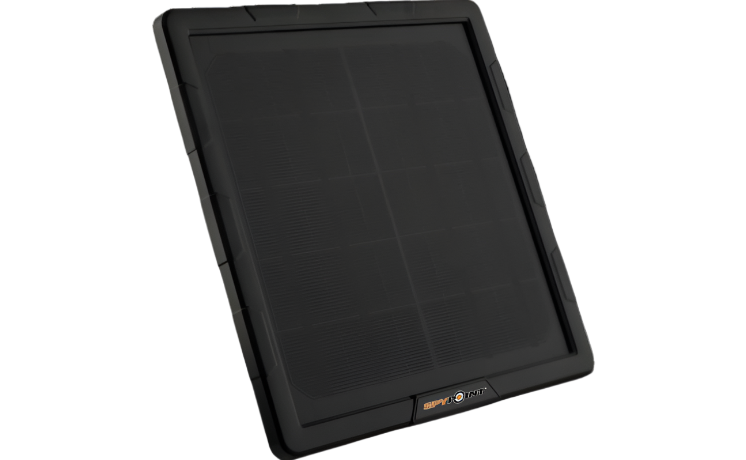 Angled view of SPYPOINT SPLB-10 solar panel tilted to show panel depth and side casing