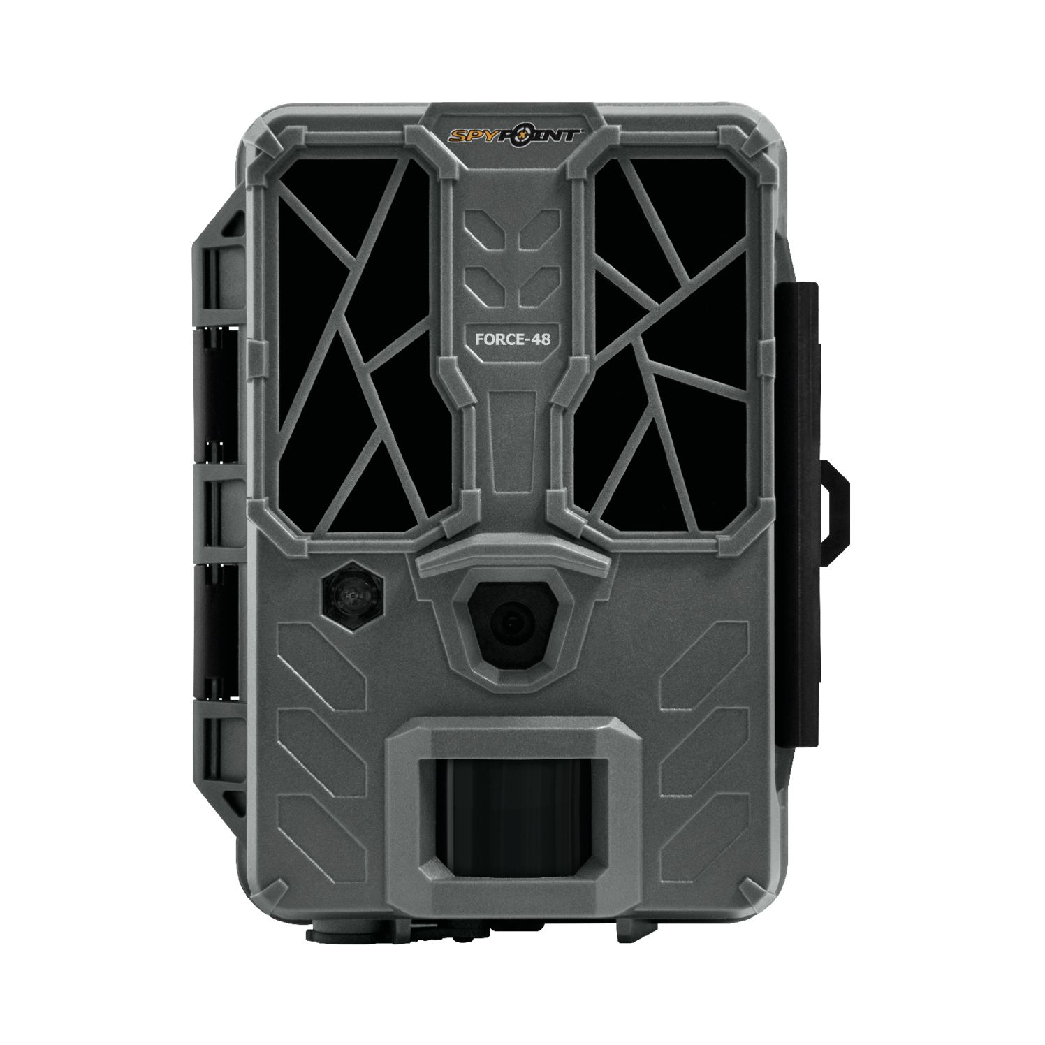 Front view of SPYPOINT Force-48 trail camera showing lens and motion sensor panel