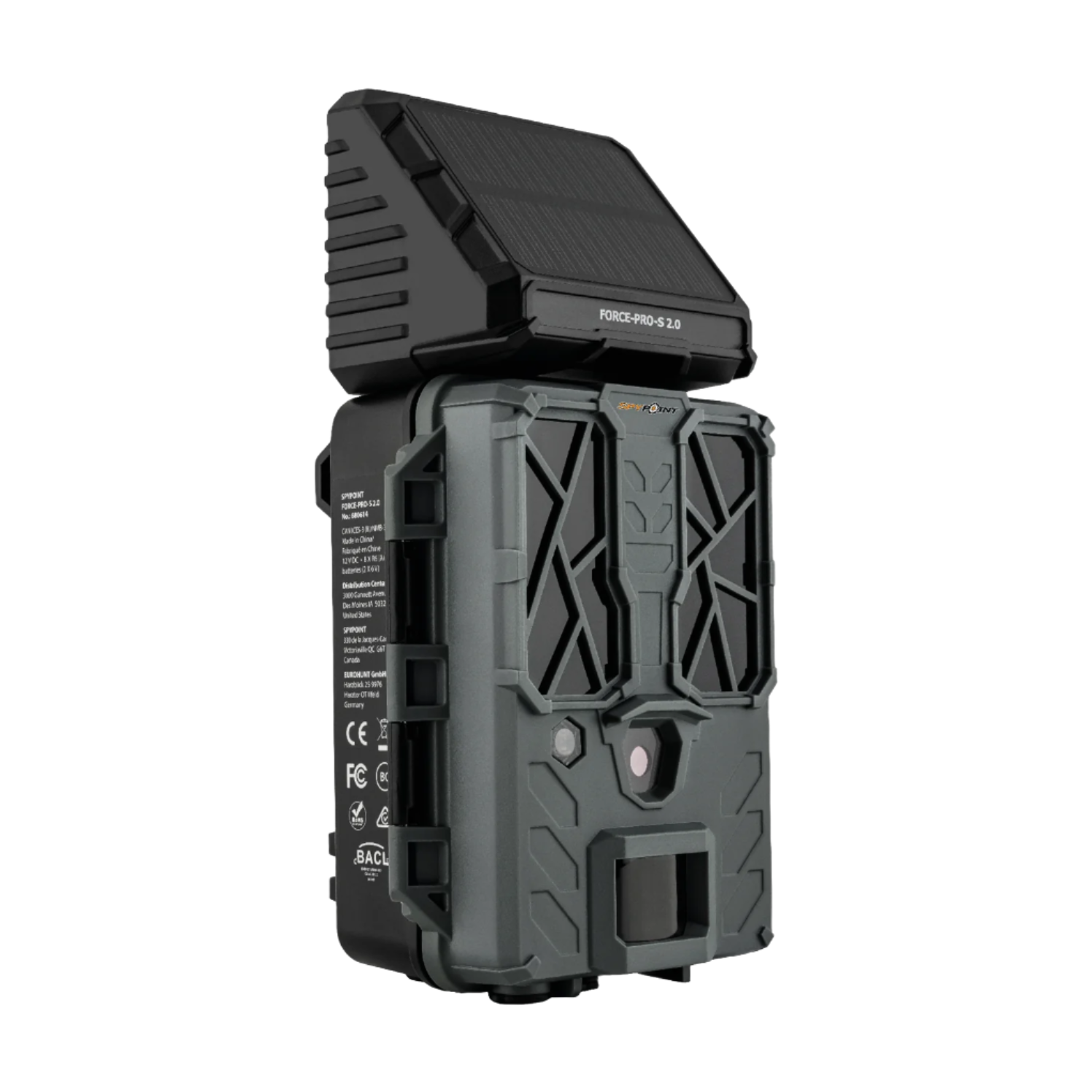 Left angled view of SPYPOINT Force-Pro-S 2.0 showing solar panel