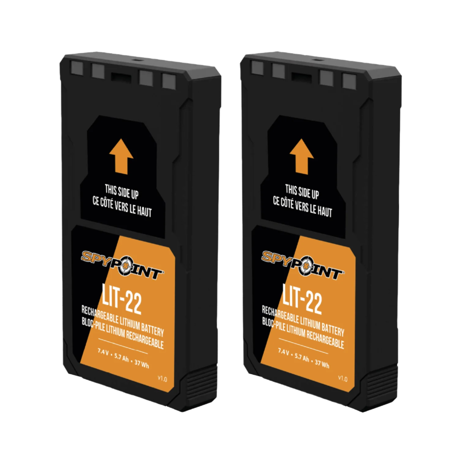 Angled view of two SPYPOINT LIT-22 rechargeable lithium batteries standing upright side by side