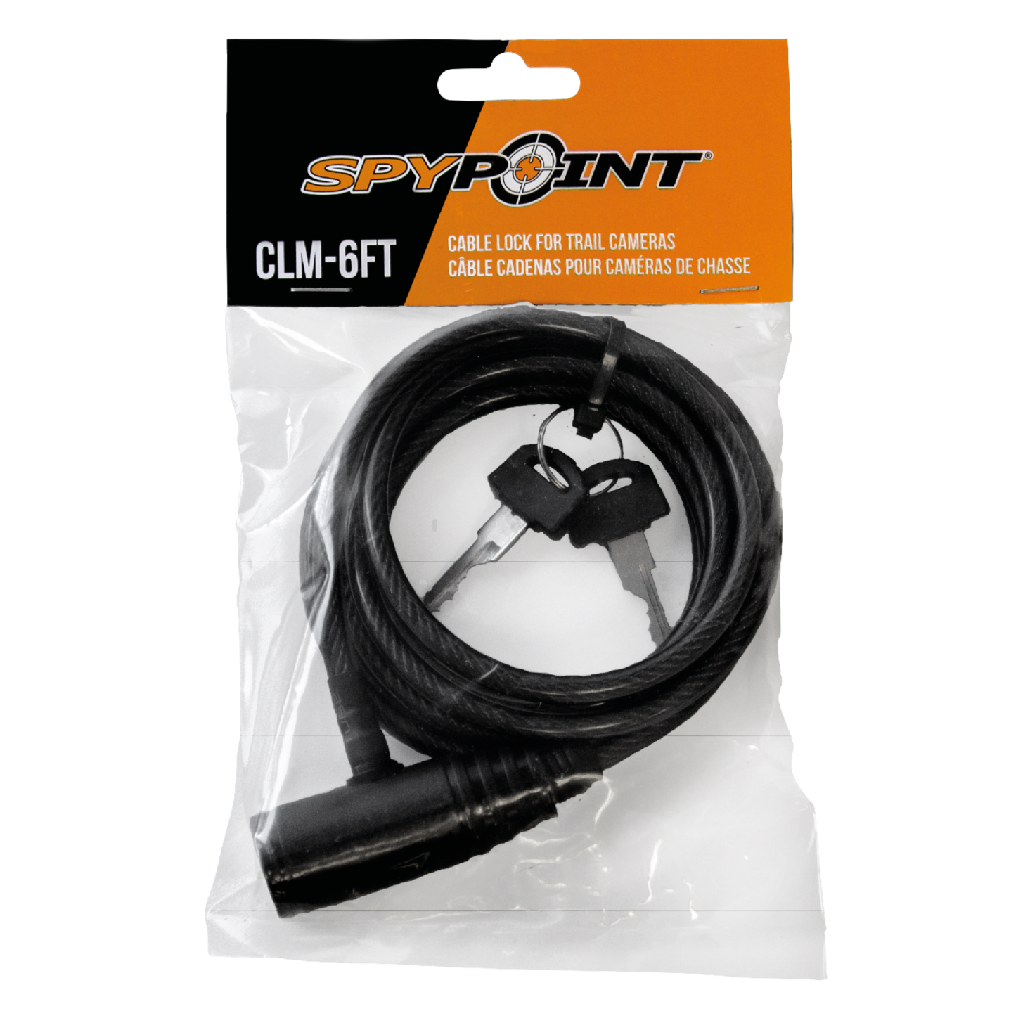 Retail packaging of SPYPOINT CLM-6 Cable Lock showing 6ft cable and keys inside a clear plastic bag with branded orange label