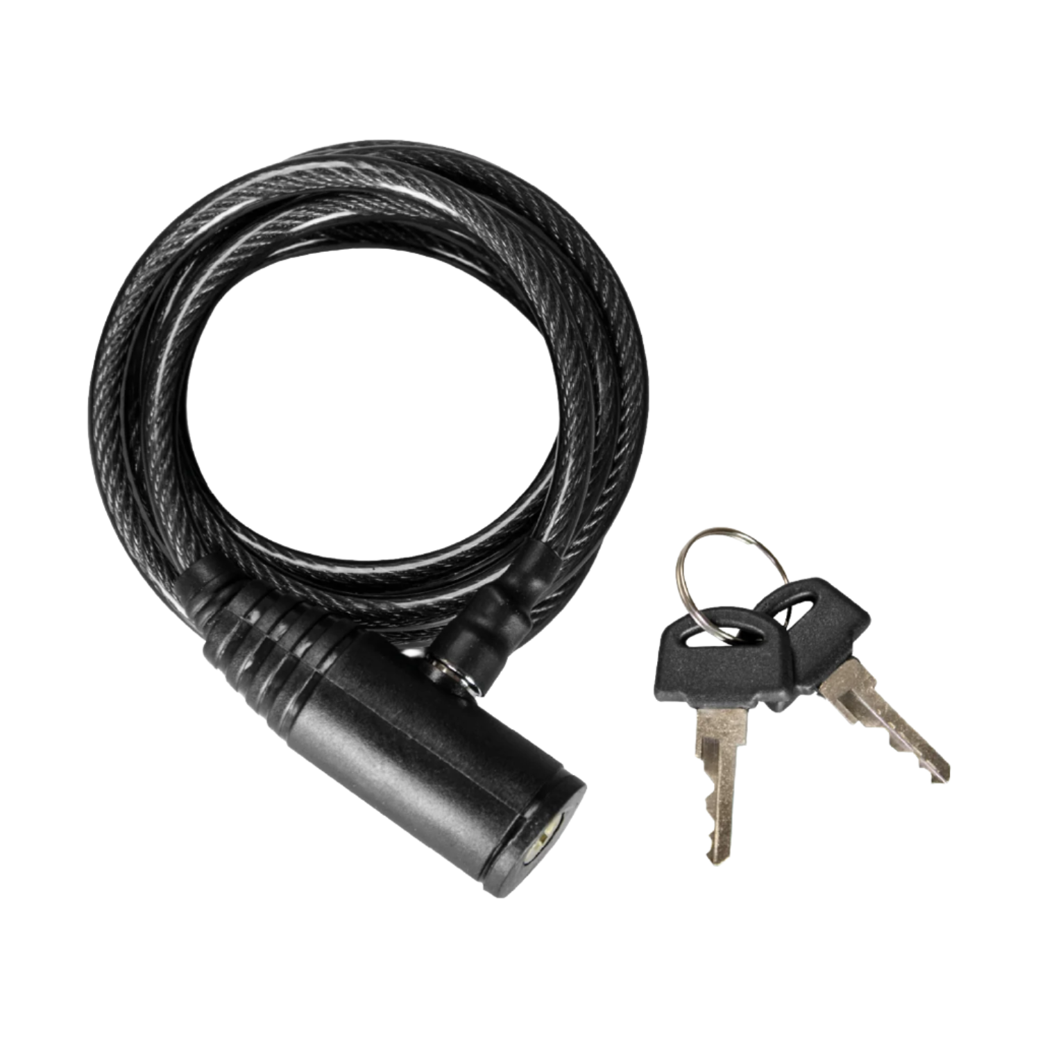 Coiled SPYPOINT CLM-6 cable lock with black casing and two included keys