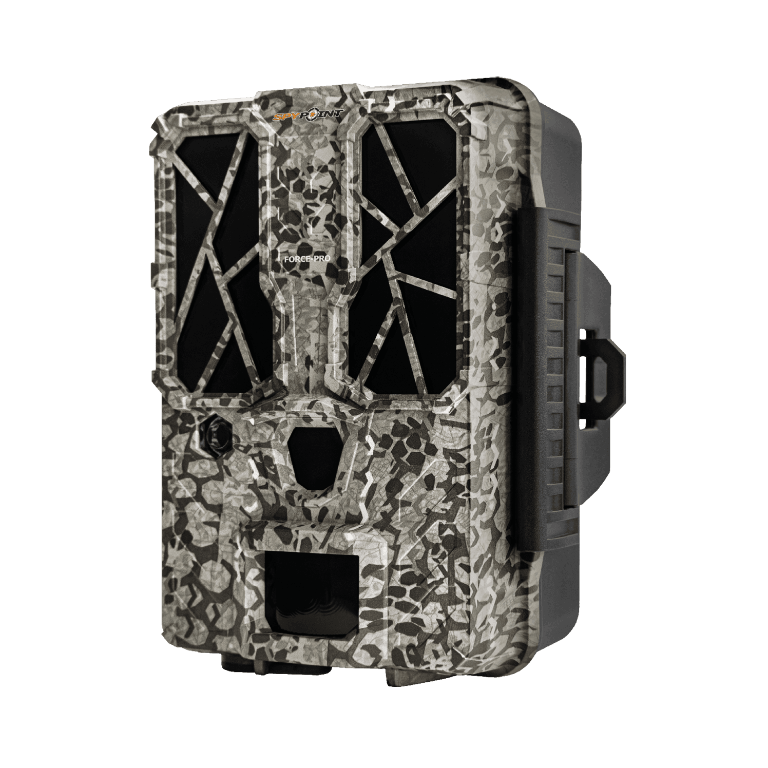 Front-left angled view of SPYPOINT Force-Pro trail camera with camo pattern, lens, and sensor panels visible