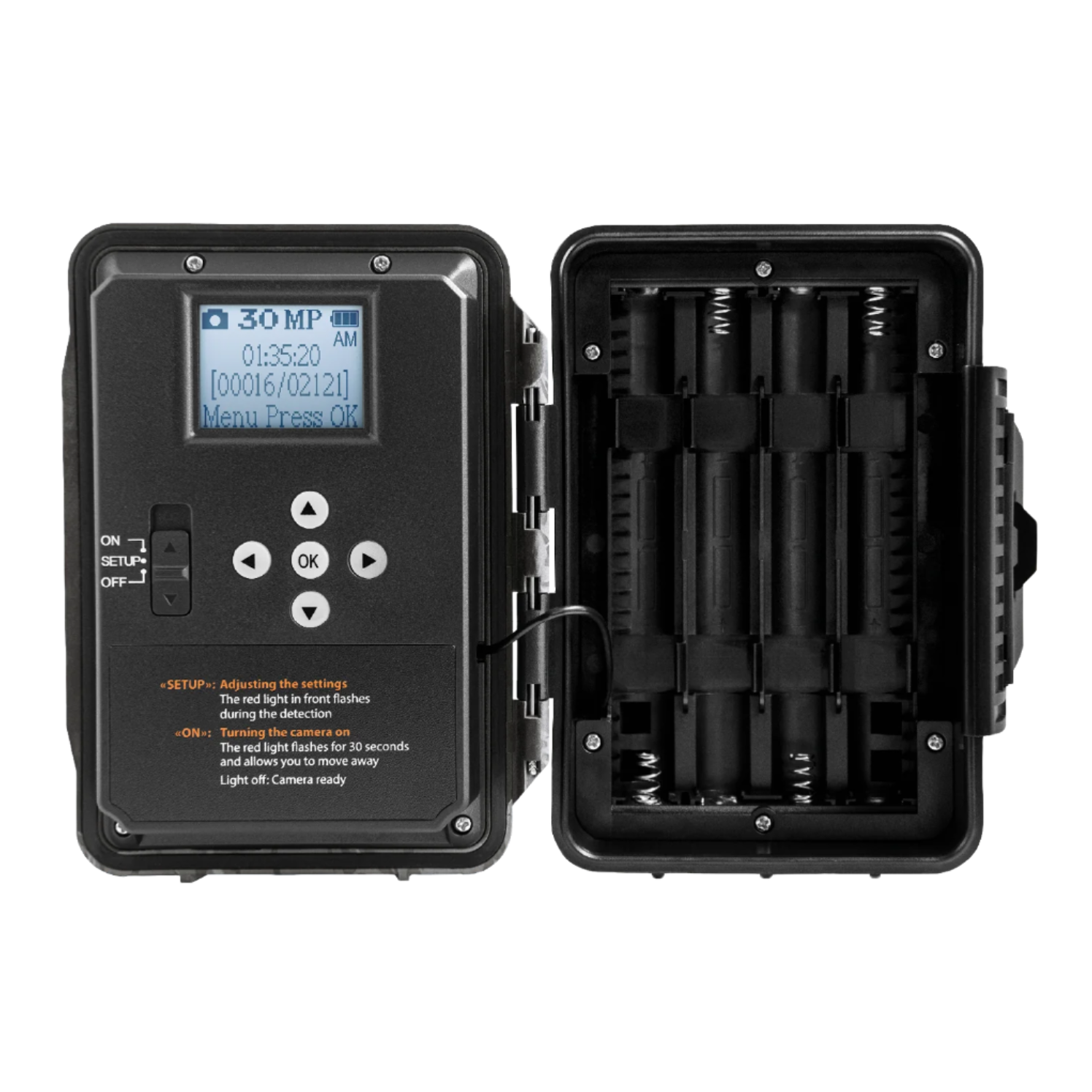 Open view of SPYPOINT Force-Pro showing screen, navigation buttons, and battery tray
