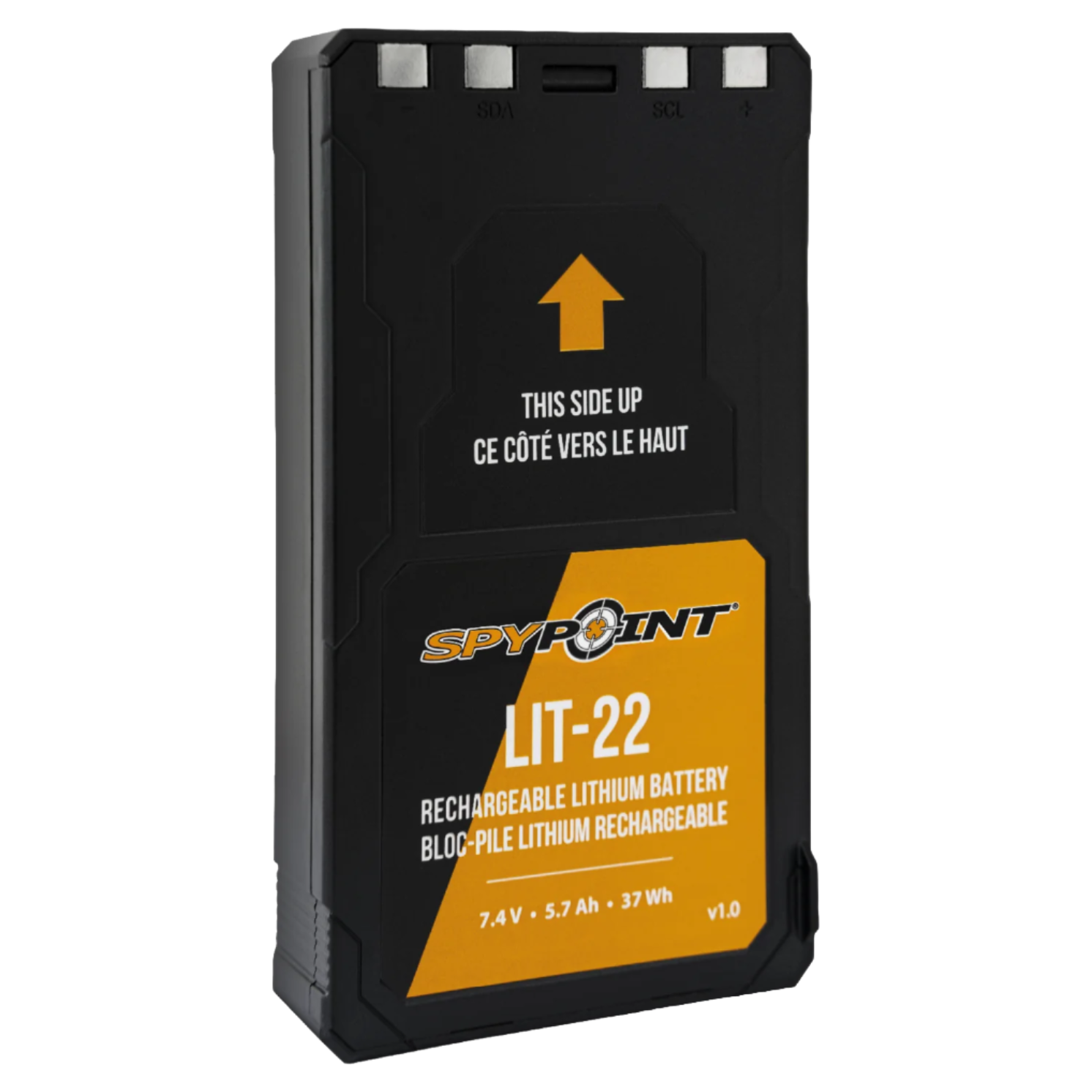 Side angled view of SPYPOINT LIT-22 battery with branding and orientation label visible