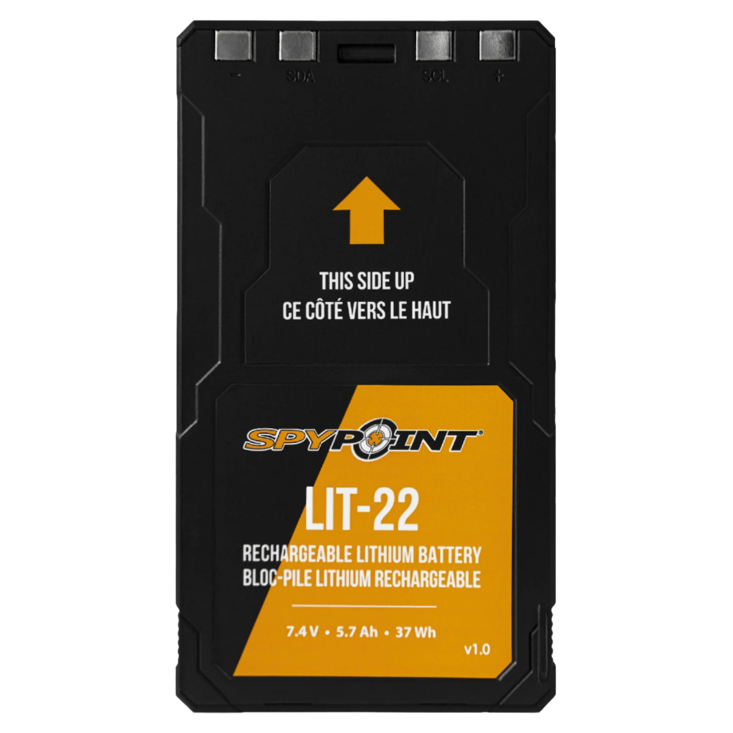 Front view of a single SPYPOINT LIT-22 lithium battery showing label and arrow indicator