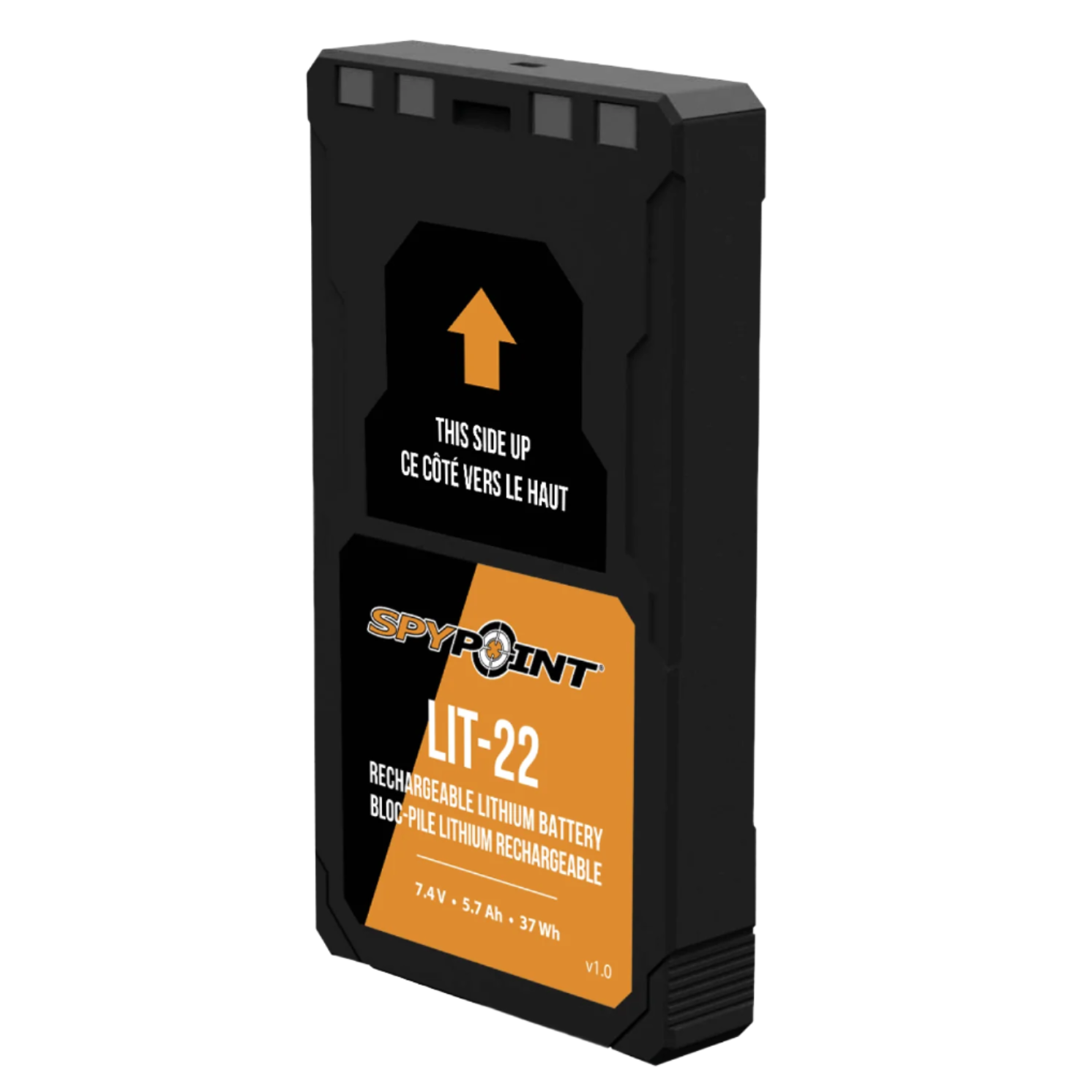 Alternate angled view of SPYPOINT LIT-22 battery showing battery terminals and front label