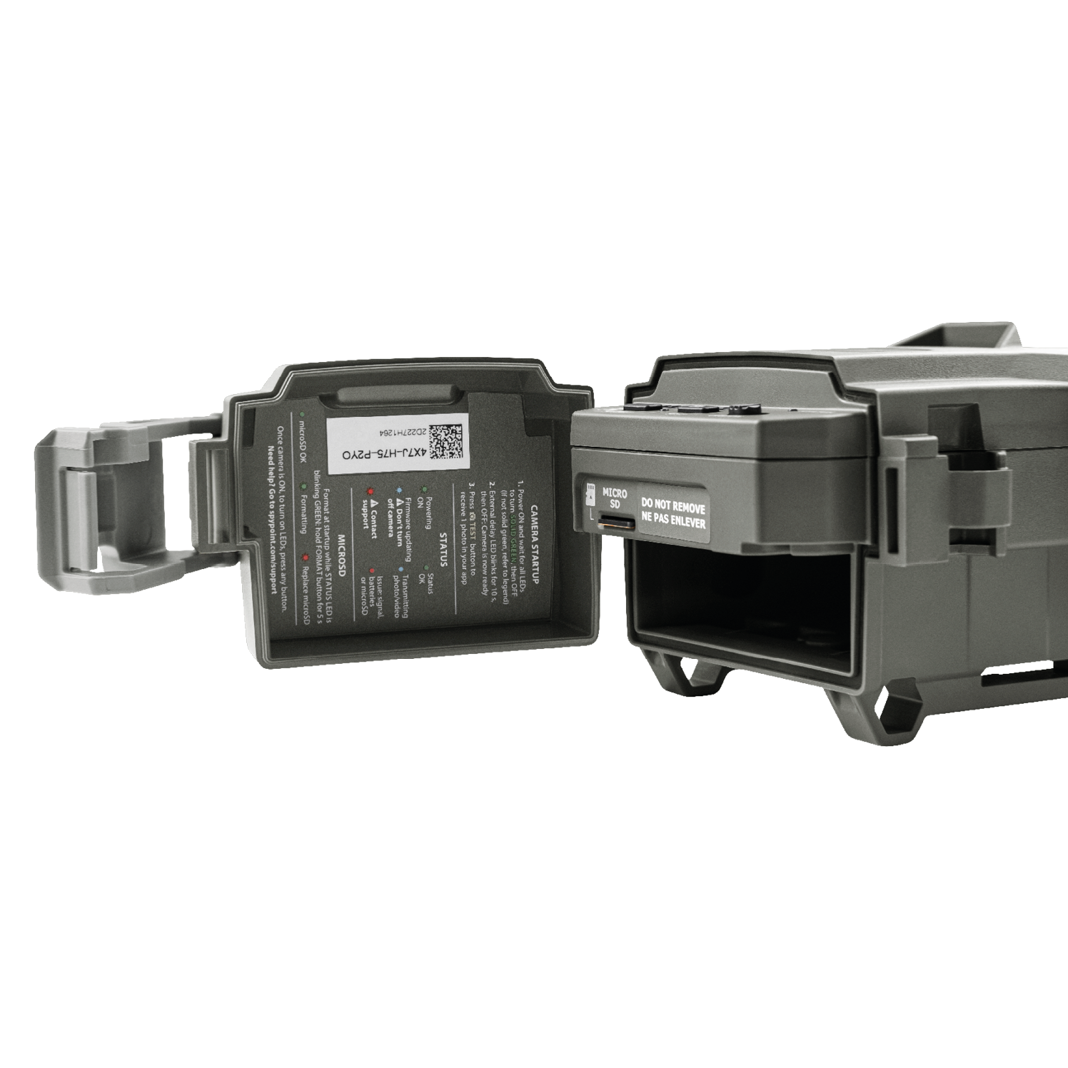 Side view of SPYPOINT Flex E-36 with camera open, revealing internal compartment and controls